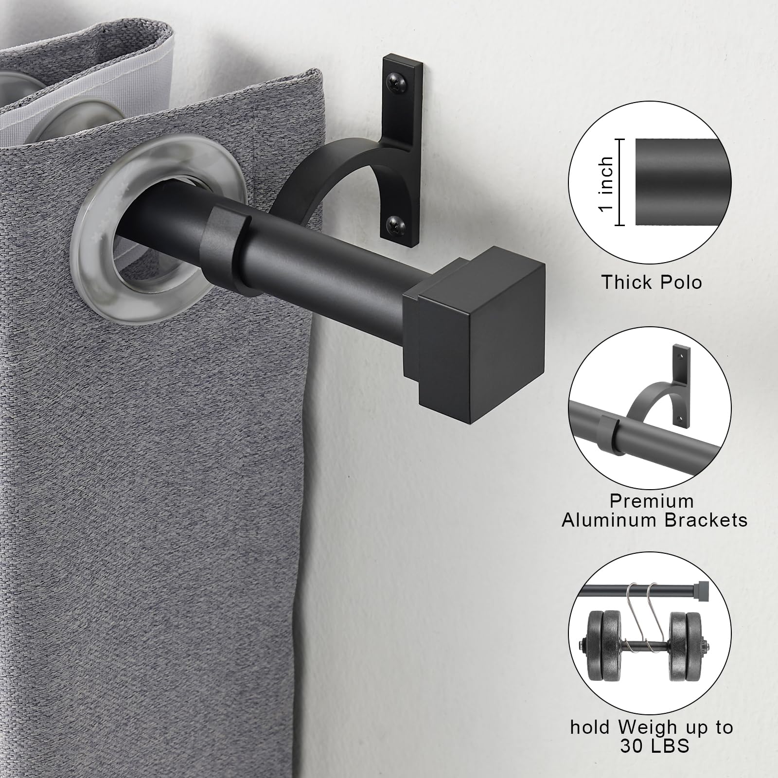 Single Curtain Rods for Windows 28 to 48 Inch(2.3-4ft),1 Inch Diameter Adjustable Heavy Duty Drapery Rods,with Modern Square Aluminum Alloy Finials,Antique Bronze