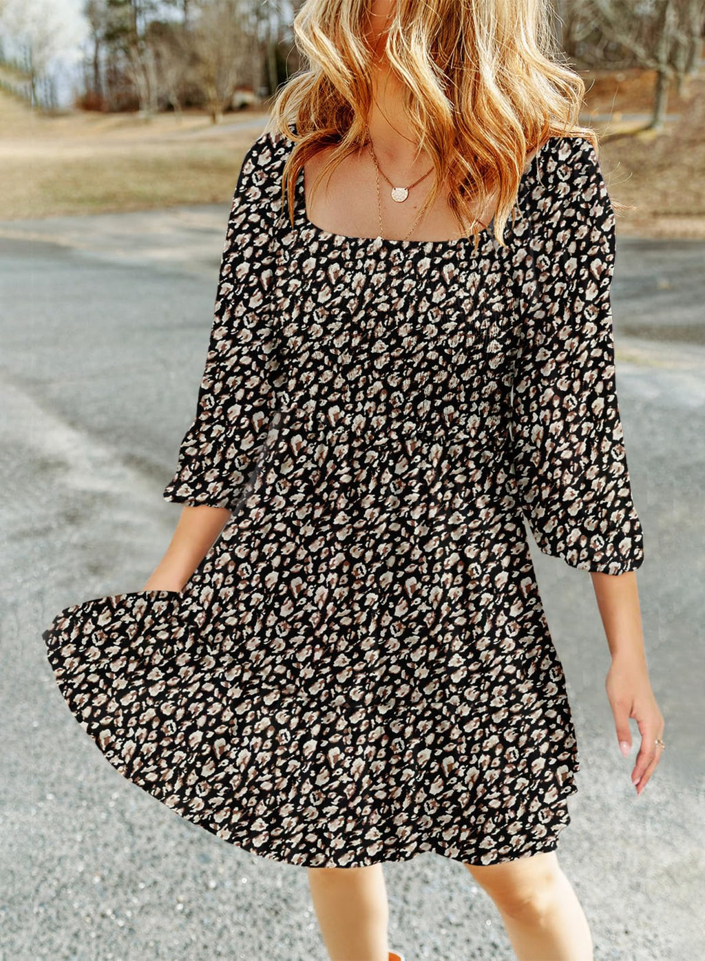 Dokotoo Fall Dresses for Women 2025 Boho Floral Square Neck Smocked 3/4 Sleeve Casual A-Line Swing Mini Dress Sundress