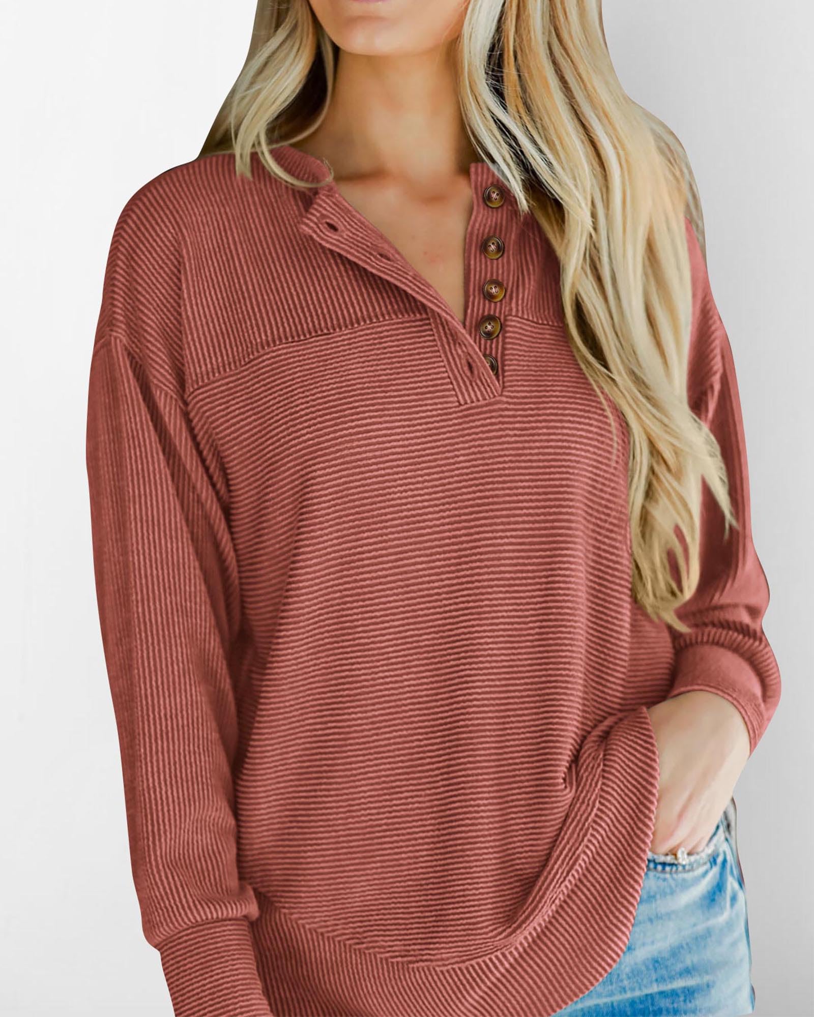 KIRUNDO Going Out Tops for Women Henley Shirts 2025 Casual Ribbed Knit Long Sleeve Tunic Summer Fall Button V Neck Blouse