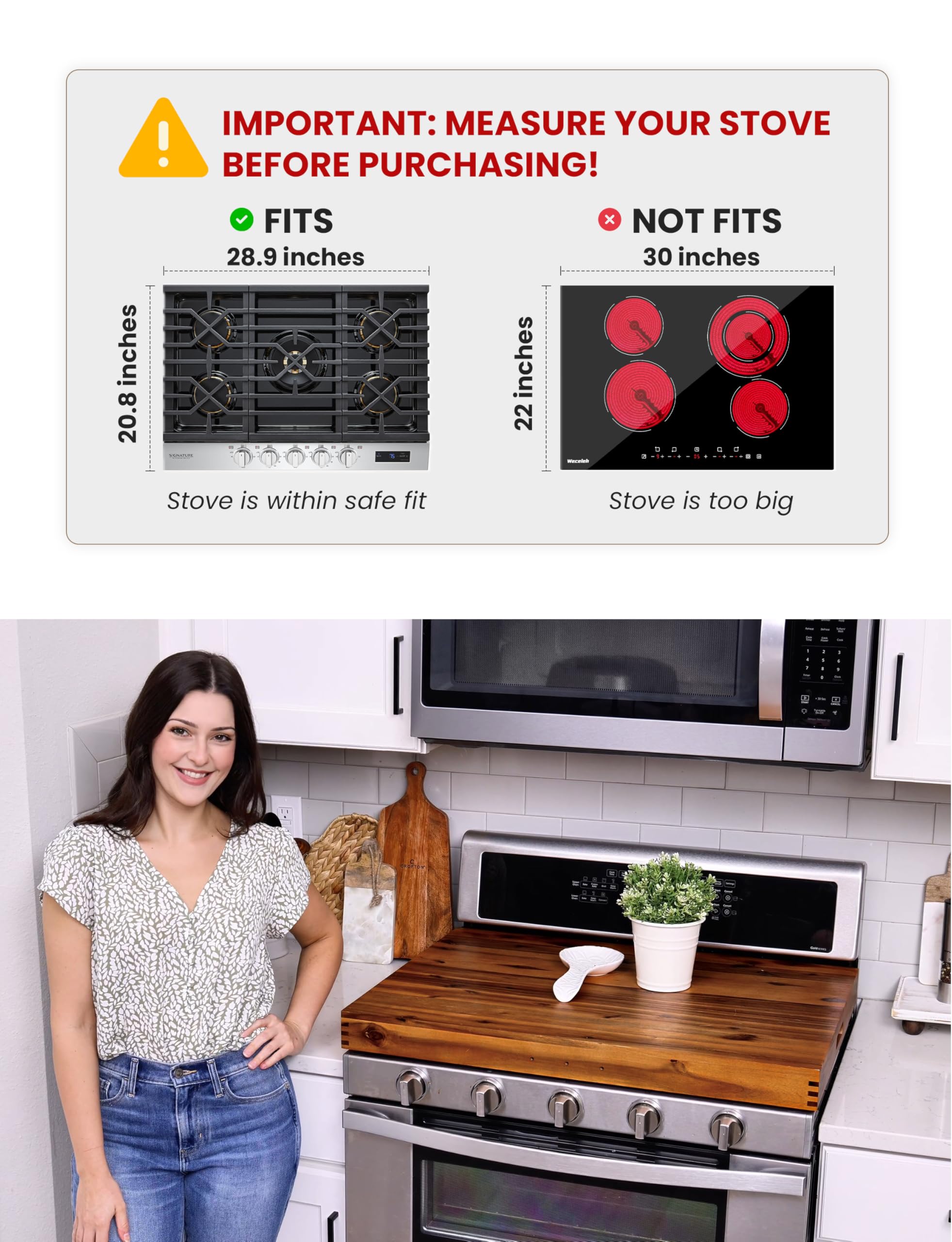 TIDITA Stove Top Covers for Electric Stove 30”x22” (Outer) / 28.9”x20.8” (Inner) - Acacia Wood Noodle Board for Gas Stovetop - Stove Top Covers for Gas Burners - Sink Cover For Counter Space