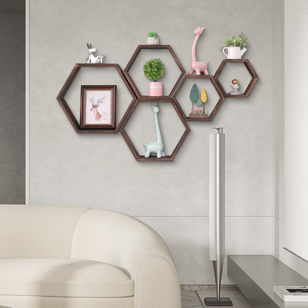 WONFUlity Hexagon Shelves for Wall Mounted, Wood Farmhouse Storage Honeycomb Floating Shelves for Wall Decor,Screws Anchors Included,5pc