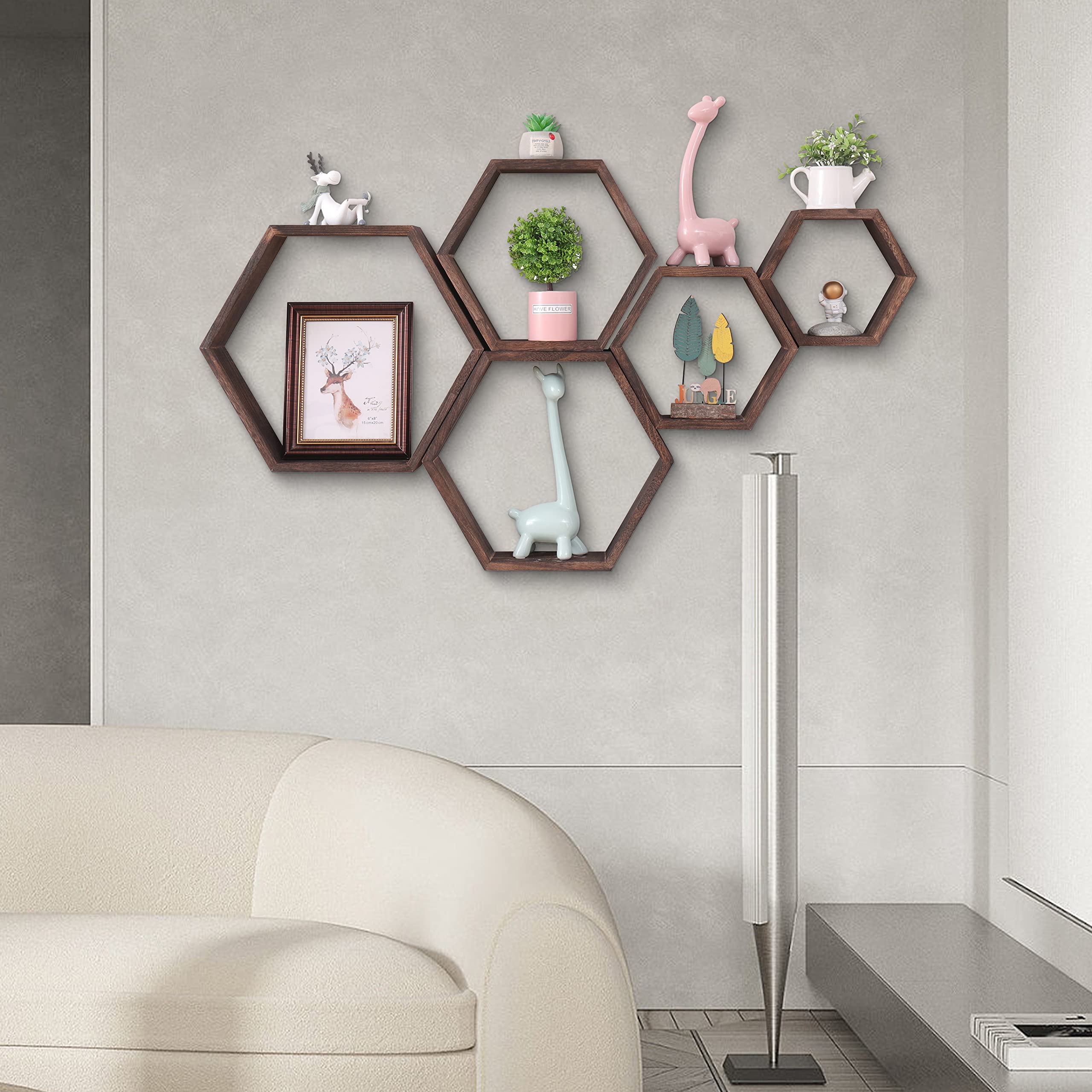 WONFUlity Hexagon Shelves for Wall Mounted, Wood Farmhouse Storage Honeycomb Floating Shelves for Wall Decor,Screws Anchors Included,5pc