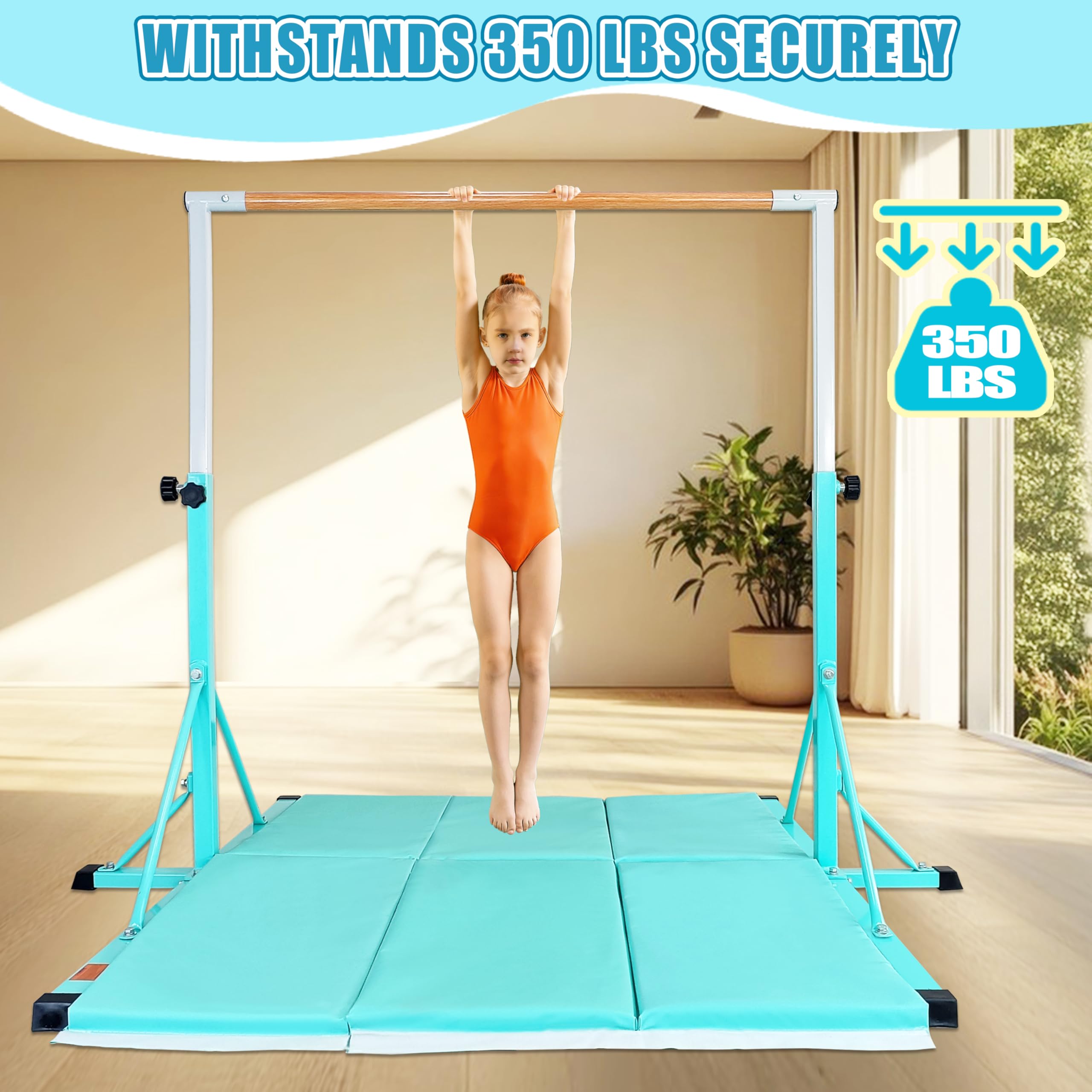 FC FUNCHEER Gymnastics Bar for Kids Ages 3-15, 35" to 60" Adjustable Height, 4FT Wide Base - Professional Kip Bar with 360° Stability & Fiberglass Crossbar, Easy Fold&Solid Design for Home Training