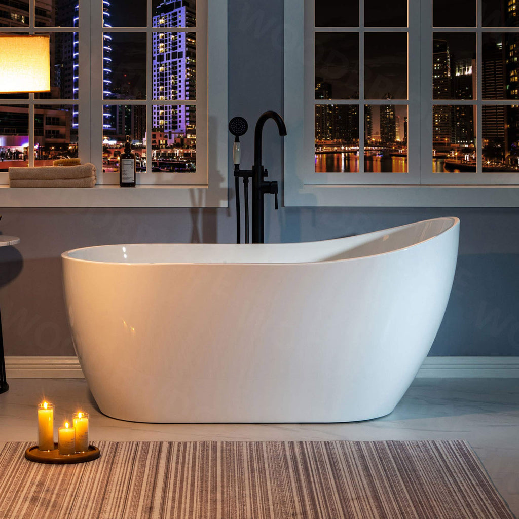 WOODBRIDGE 59" Acrylic Freestanding Bathtub Contemporary Soaking White Tub with Brushed Gold Overflow and Drain， B1530 -BG-Drain &O