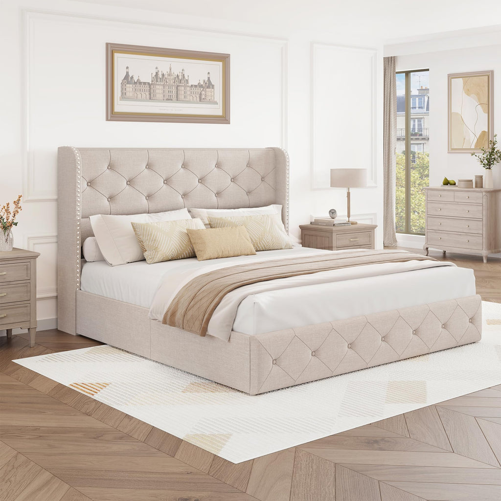 BRELTAM Full Size Bed Frame with Storage Drawers and Wingback Headboard Linen Upholstered Platform Bed Frame Tufted Beds with Heavy Duty Wood Slats, Noise Free, Easy Assembly, Beige