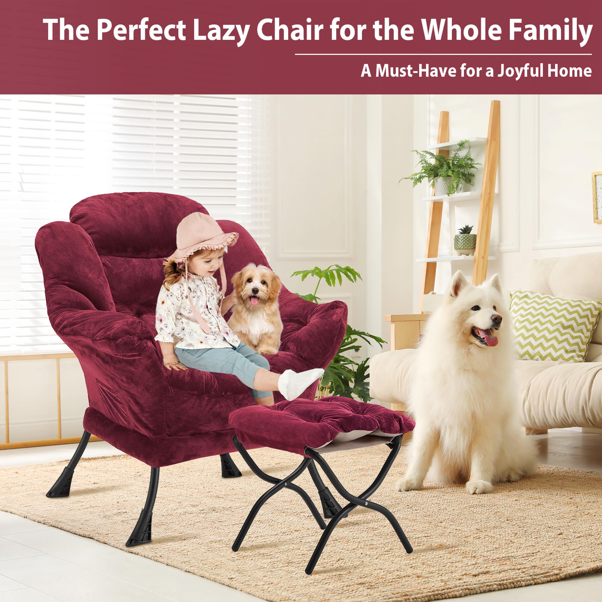 Youtanic Lazy Chair with Folding Ottoman, Accent Chair Velvet Upholstered with Metal Structure and Non-Slip Pads, Sofa Armchair with Footrest and Side Storage Bag for Dorm, Room, Office, Beige