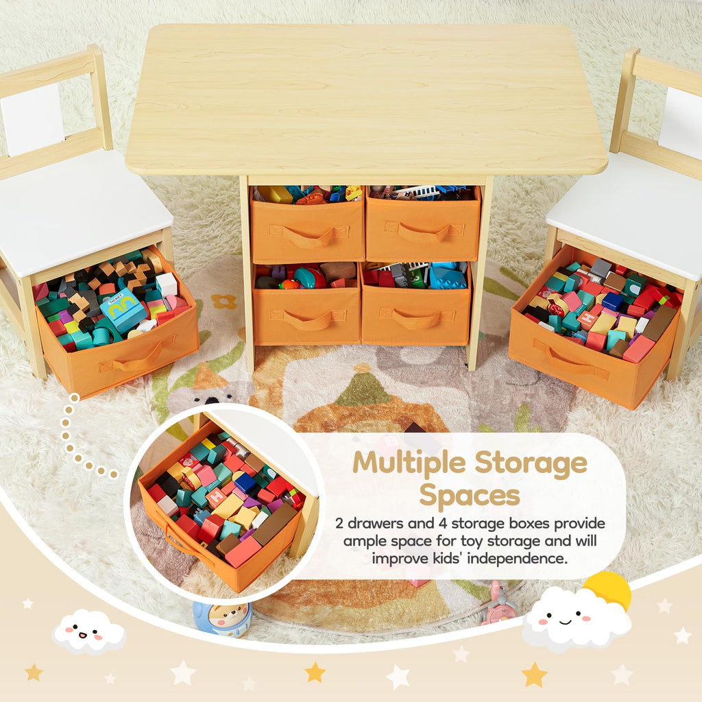 Kids Table and Chair Set (2 Chairs Included), Wooden Toddler Desk Group with 6 Storage Bins Boxes, Children's Furniture, Water Resistant (Gray)