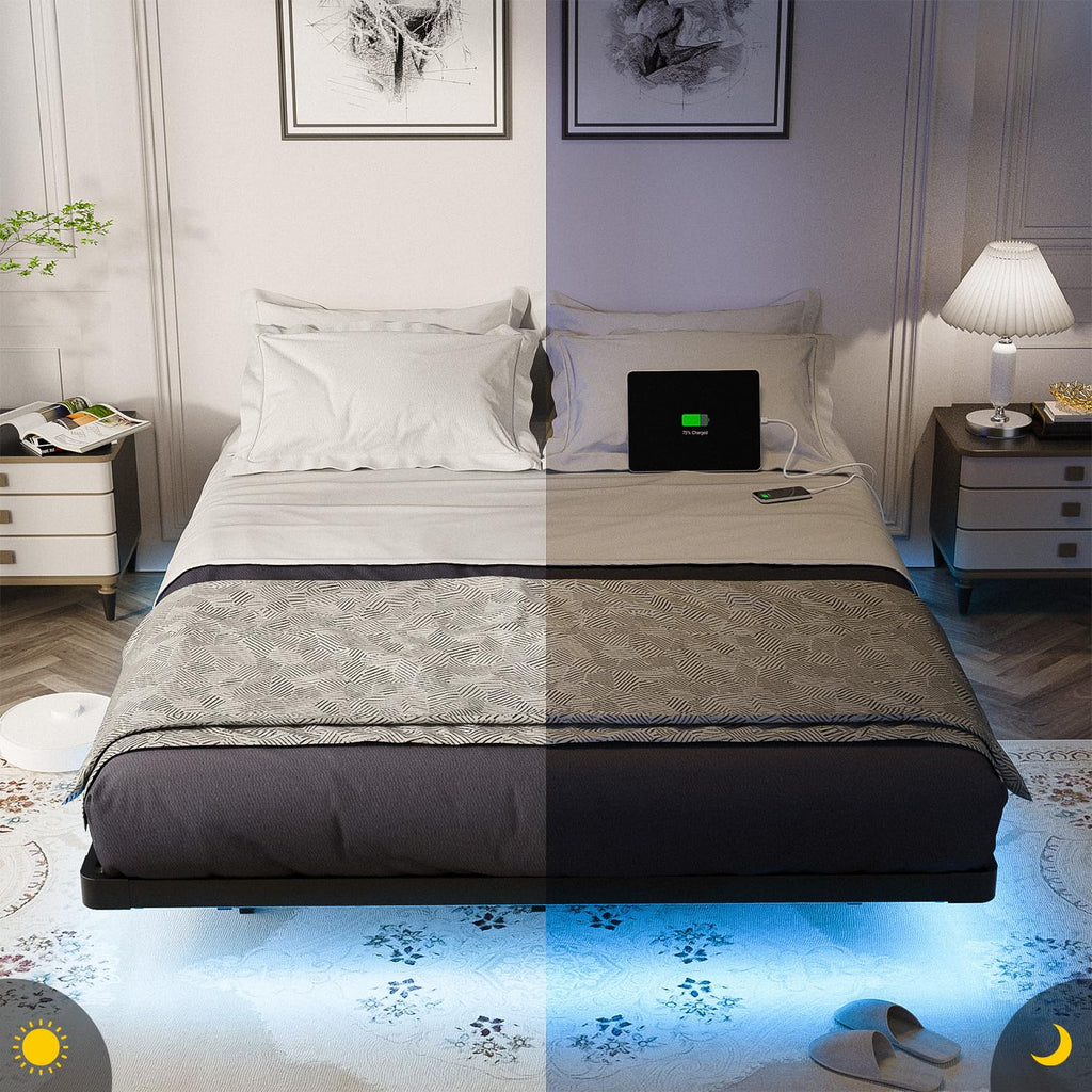 OLEVS Floating Bed Frame Full Size with Smart LED Lights and Charging Station - Modern Metal Platform Bed, Easy Assembly No Box Spring Needed