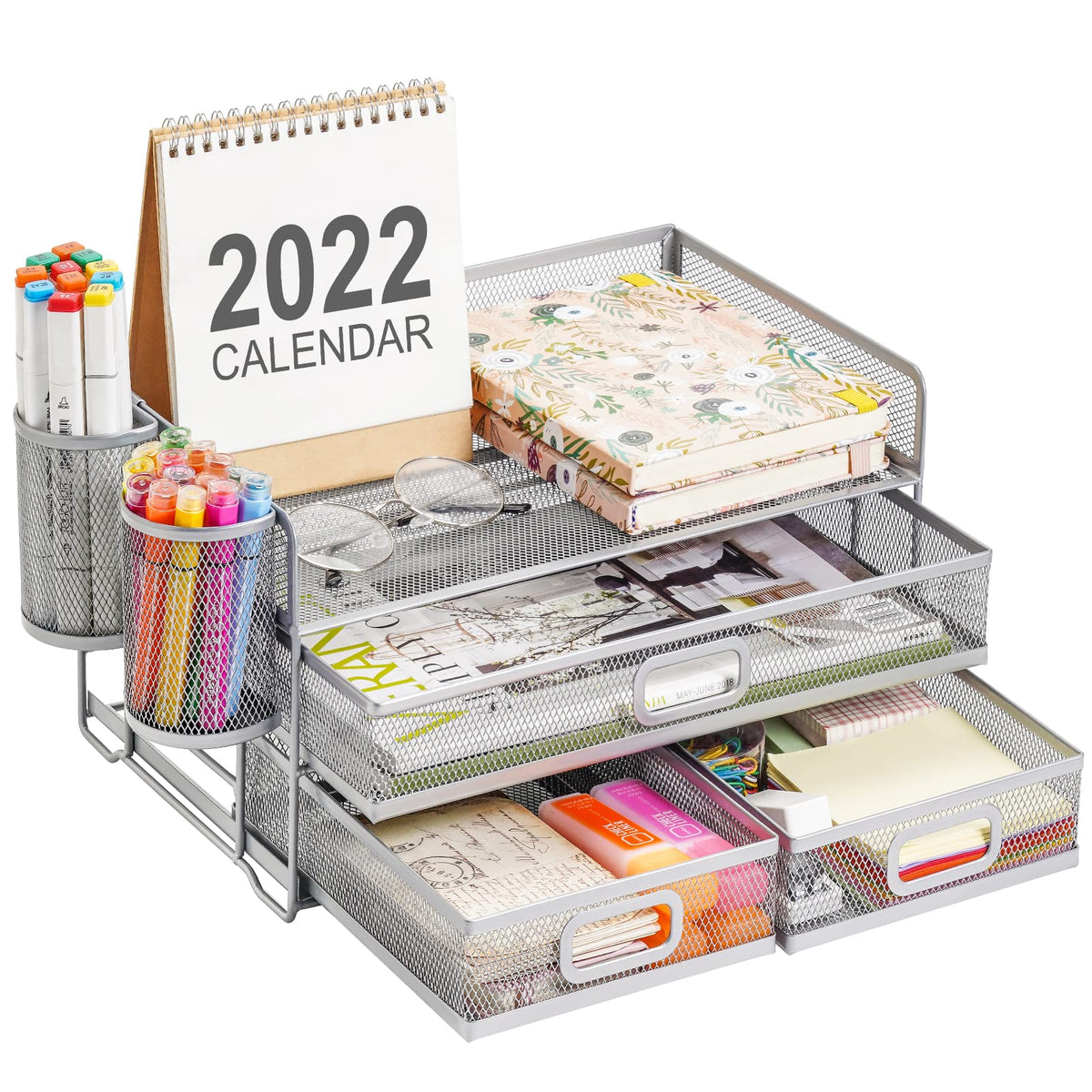 Marbrasse 3 Tier Mesh Desk Organizer with Drawer, Multi-Functional Desk Organizers and Accessories, Paper Letter Organizer with 2 Pen Holder for Home Office Supplies (Black)