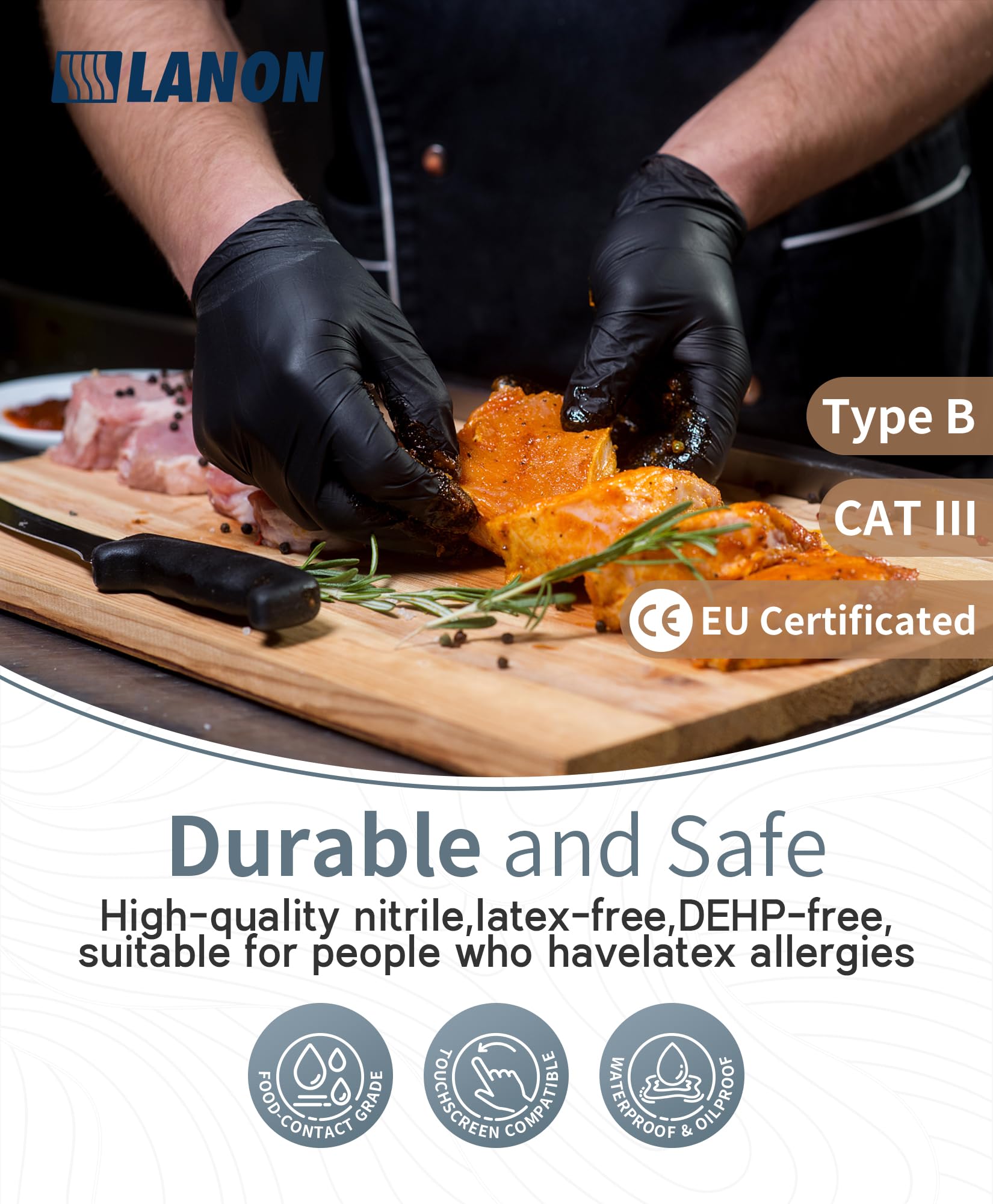 LANON Disposable Nitrile Gloves, Silicone-Free, Food-Safe, Chemical Resistant, Powder-Free, Textured Fingertips, Cooking, Cleaning, Blue, Small