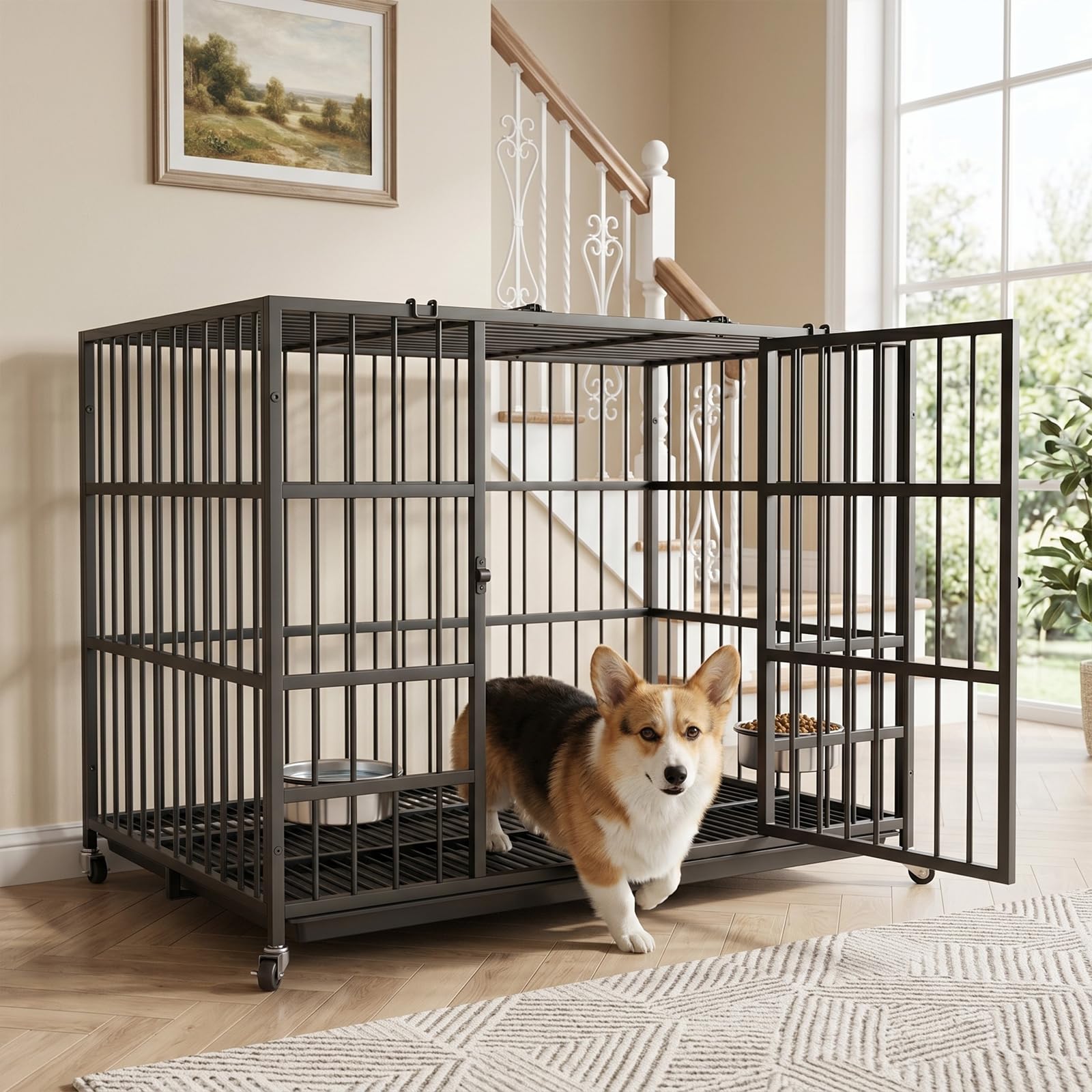 Dosker 42 inch Heavy Duty Metal Dog Crate with Divider for 2 Dogs/Large Dog, All Metal Open Top Escape Proof Cage, Indoor Dog Kennel with Wheels, Floor Grid, Tray, Feeding Bowl