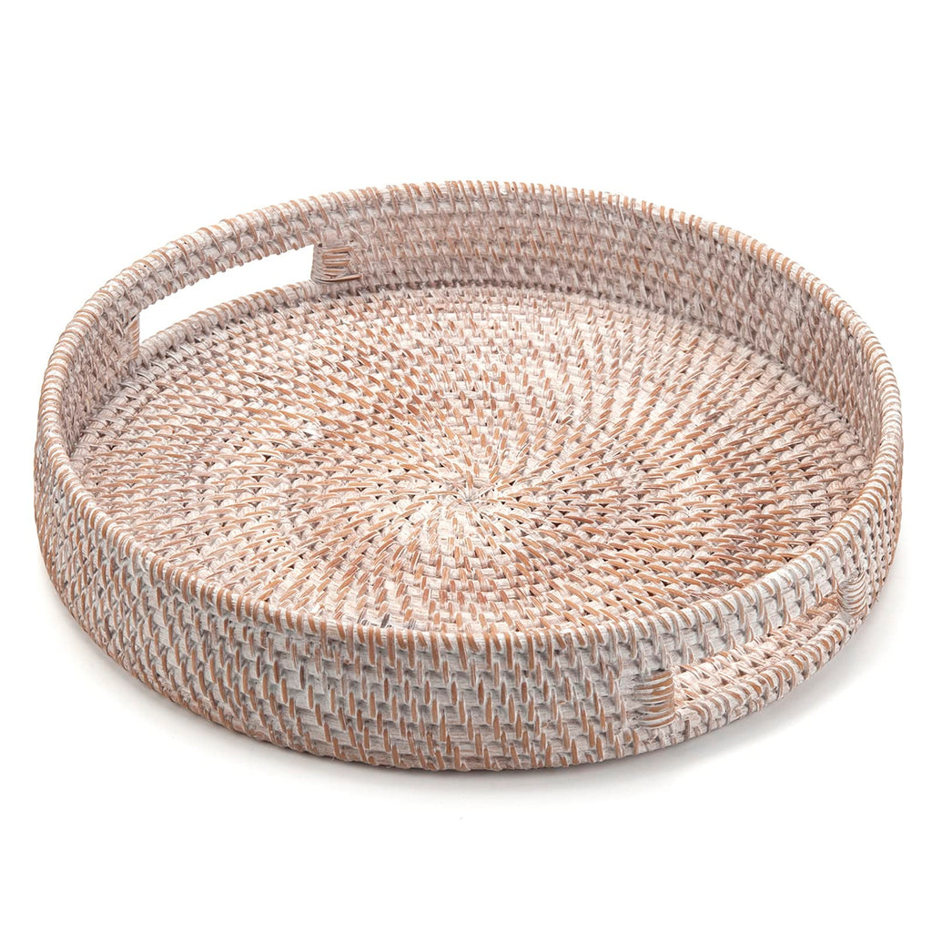 Round Rattan Serving Tray Decorative Woven Ottoman Trays with Handles for Coffee Table Natural (Small 11.8 inch x 2 inch)