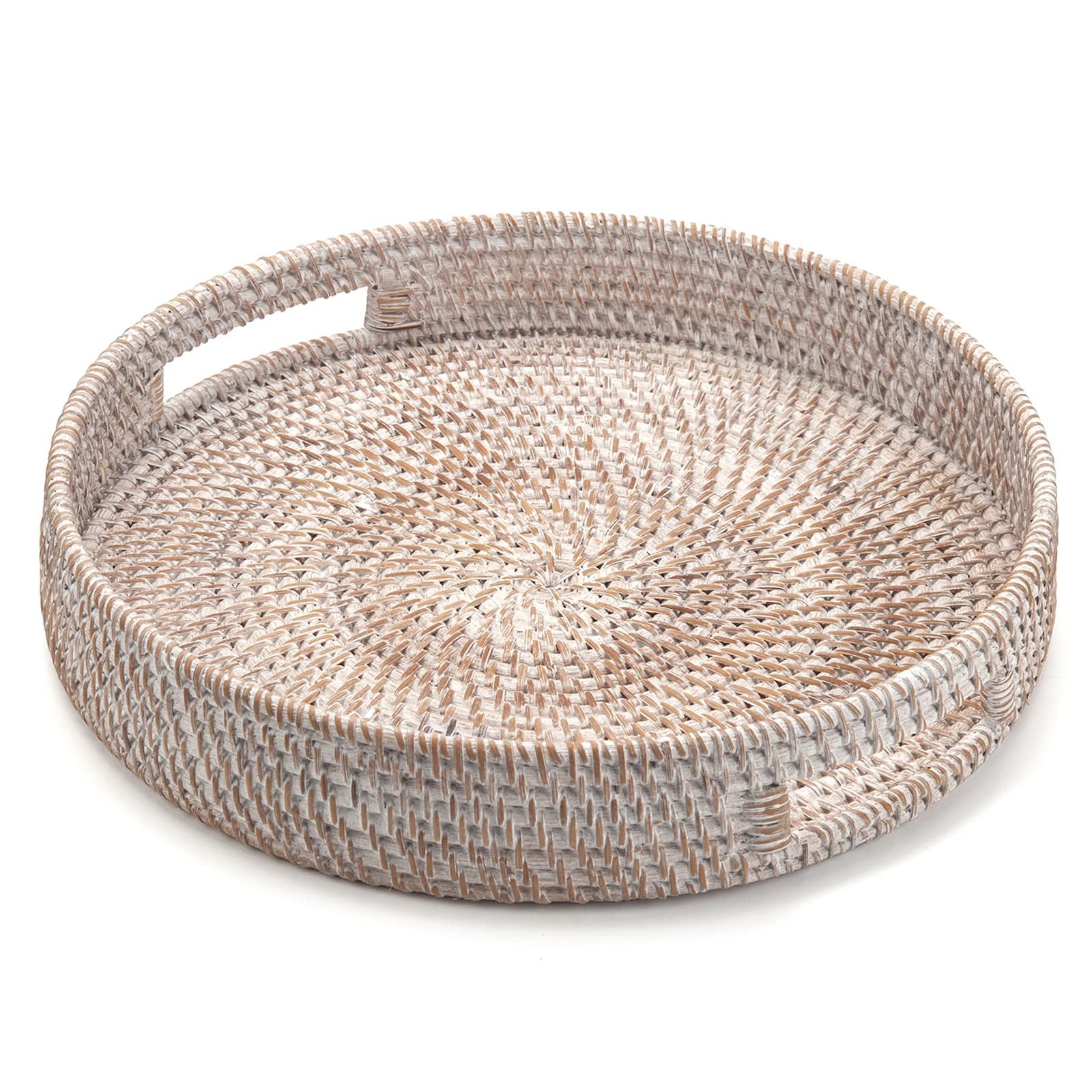 Round Rattan Serving Tray Decorative Woven Ottoman Trays with Handles for Coffee Table Natural (Small 11.8 inch x 2 inch)
