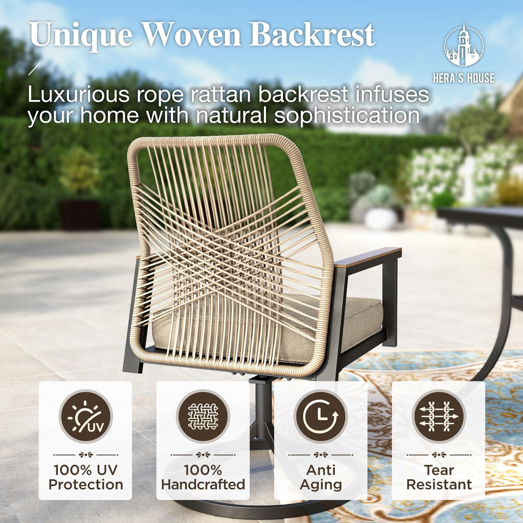 HERA'S HOUSE Outdoor Chairs Set of 2, 36.6" Rattan Dining Chairs with Heavy-Duty Wrought Iron Metal Frame, All-Weather Patio Chair for Garden Lawn Backyard Kitchen Deck