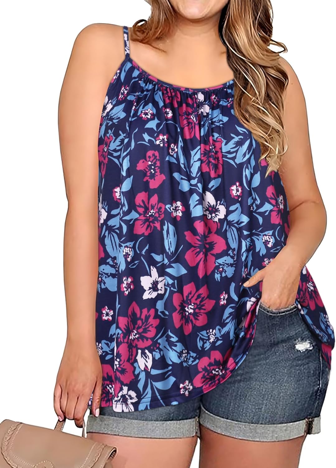 Plus Size Tank Tops for Women Boho Floral Loose Cami Spaghetti Strap Tunic Blouses