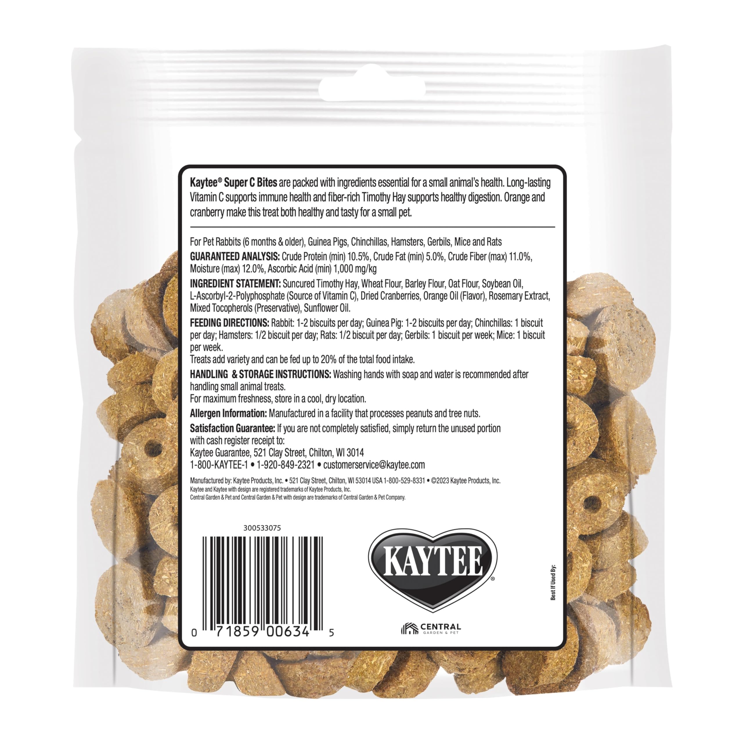Kaytee Super C Bites Treat For Pet Guinea Pigs, Adult Rabbits, Chinchillas, and Other Small Animals, Cranberry and Orange, 4 oz