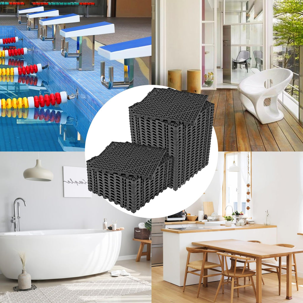 ToLanbbt Modular Interlocking Cushion 8P 11.8" x 11.8" Interlocking Rubber Floor Drain Holes Non-Slip Splicing Drainage Mats for Deck, Shower, Kitchen, Drain Pool, Sauna Bath, Indoor Outdoor (Black)