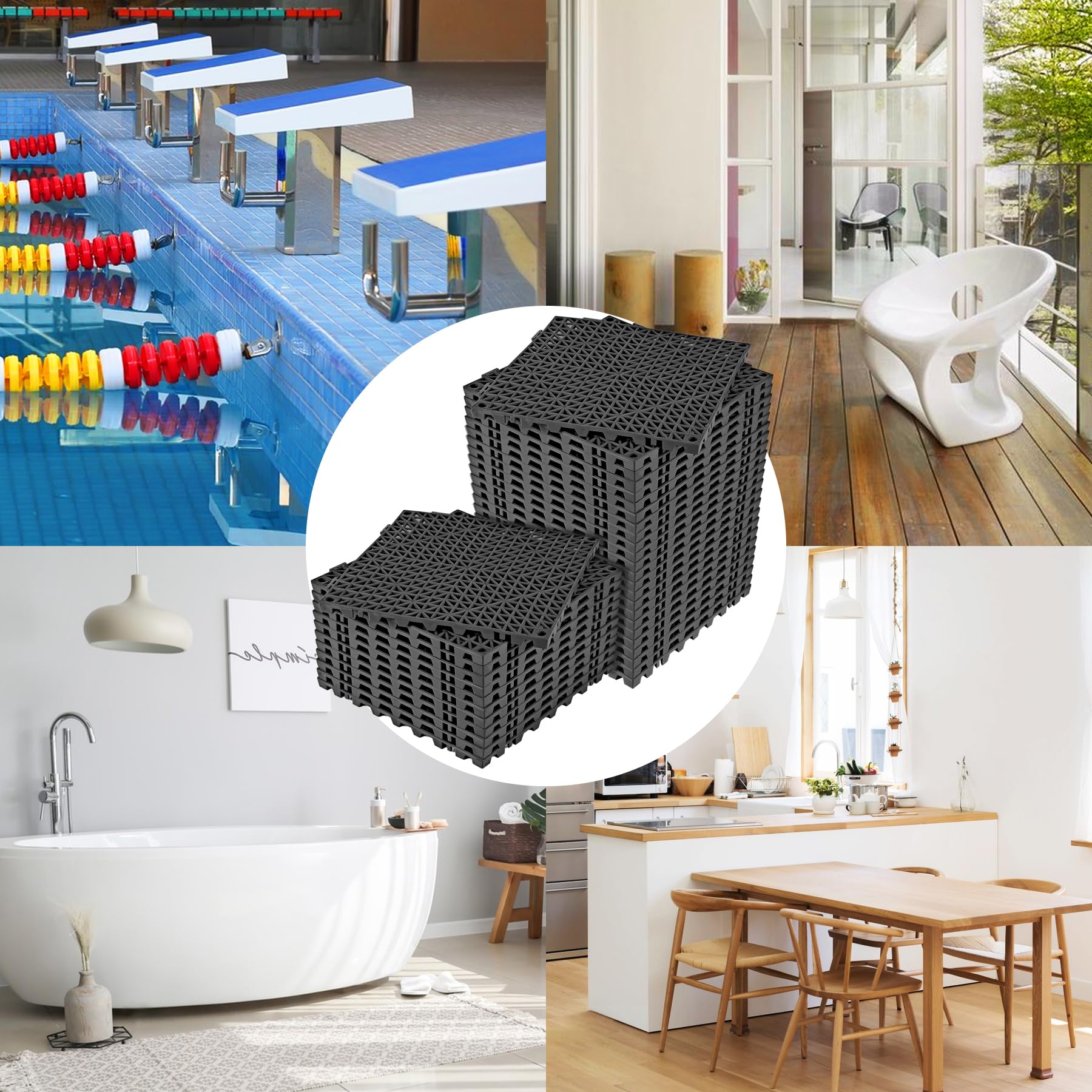 ToLanbbt Modular Interlocking Cushion 8P 11.8" x 11.8" Interlocking Rubber Floor Drain Holes Non-Slip Splicing Drainage Mats for Deck, Shower, Kitchen, Drain Pool, Sauna Bath, Indoor Outdoor (Black)