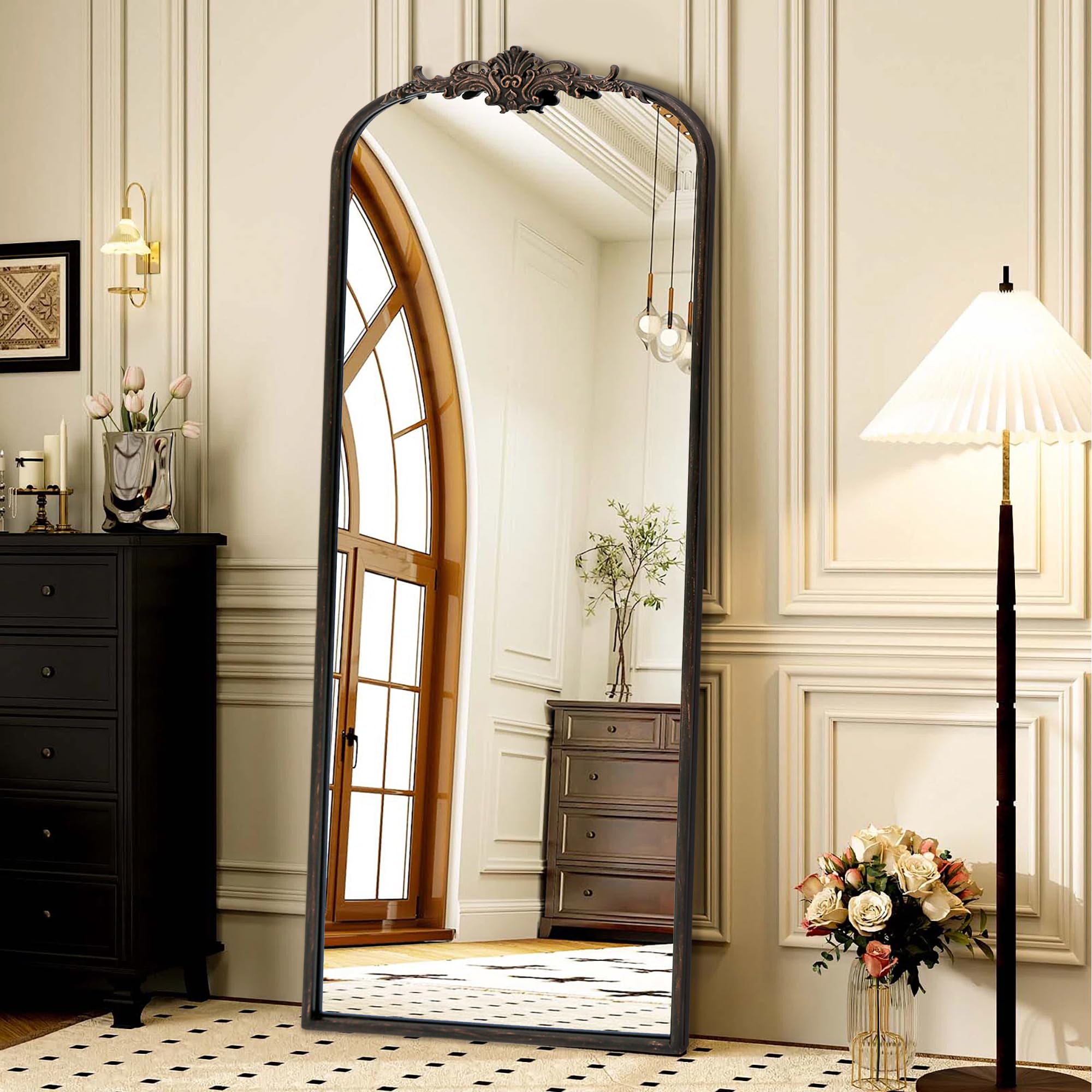 Besdomus Vintage Arched Black Mirror: 32"x24" French Large Black Vintage Wall Mirror - Baroque Traditional Ornate for Living Room/Fireplace/Bathroom- Ideal Gifts for Housewarming/Birthday