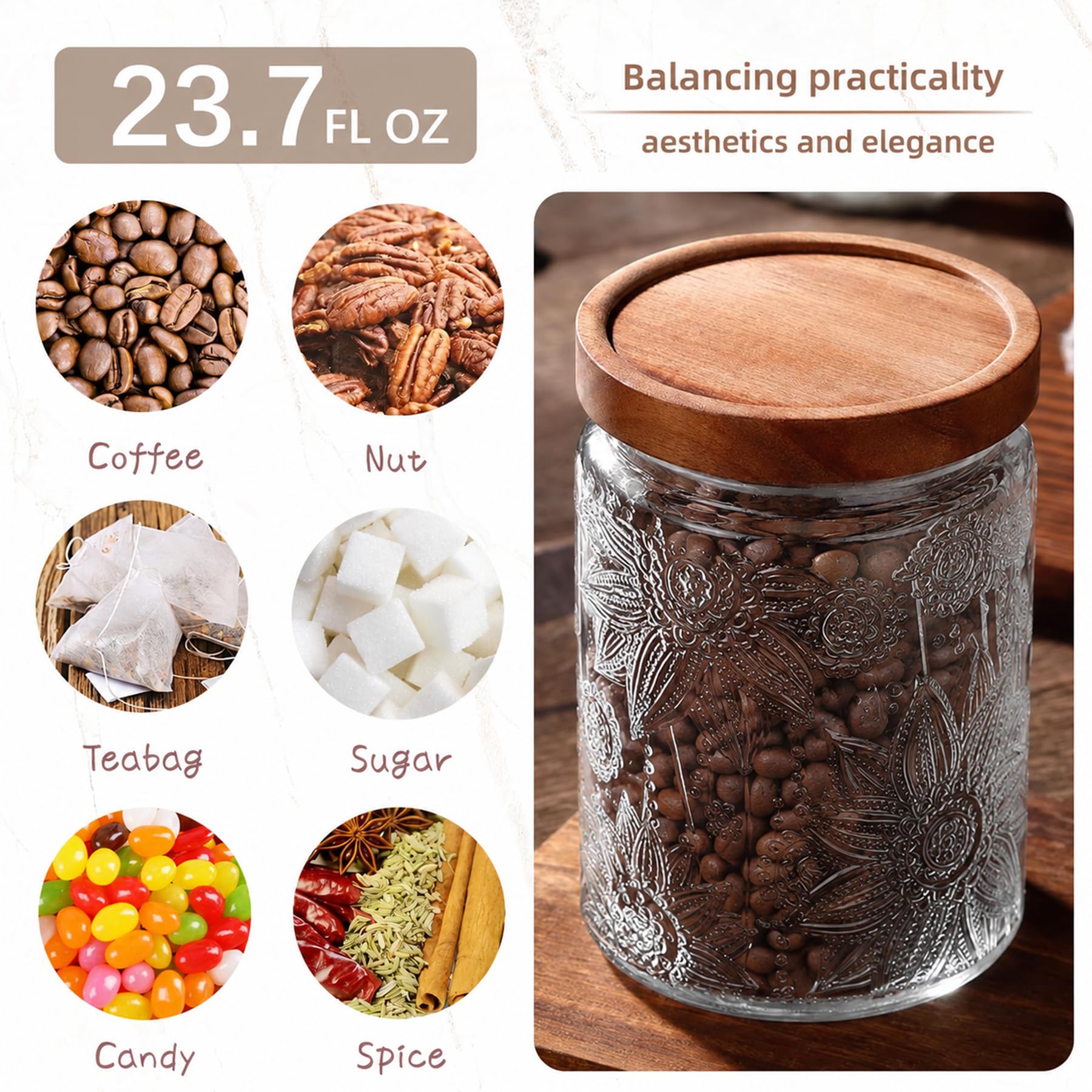 Custde Glass Storage Jars With Airtight Lid, 23.7oz Container For Kitchen Counter with Wooden Lid, brown sugar, candy, coffee, cookie, salt, tea, cute Jar (35oz Large Begonia Flowers)