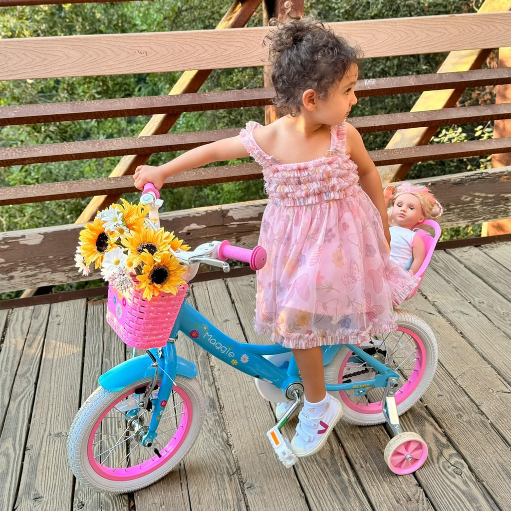 Glerc Maggie Girls Bike, 12-20 Inch Kids Bike for 2-13 Years Old Children, Princess Style Kids Bicycle with Doll-Seat & Basket & Training Wheels, Multiple Colors