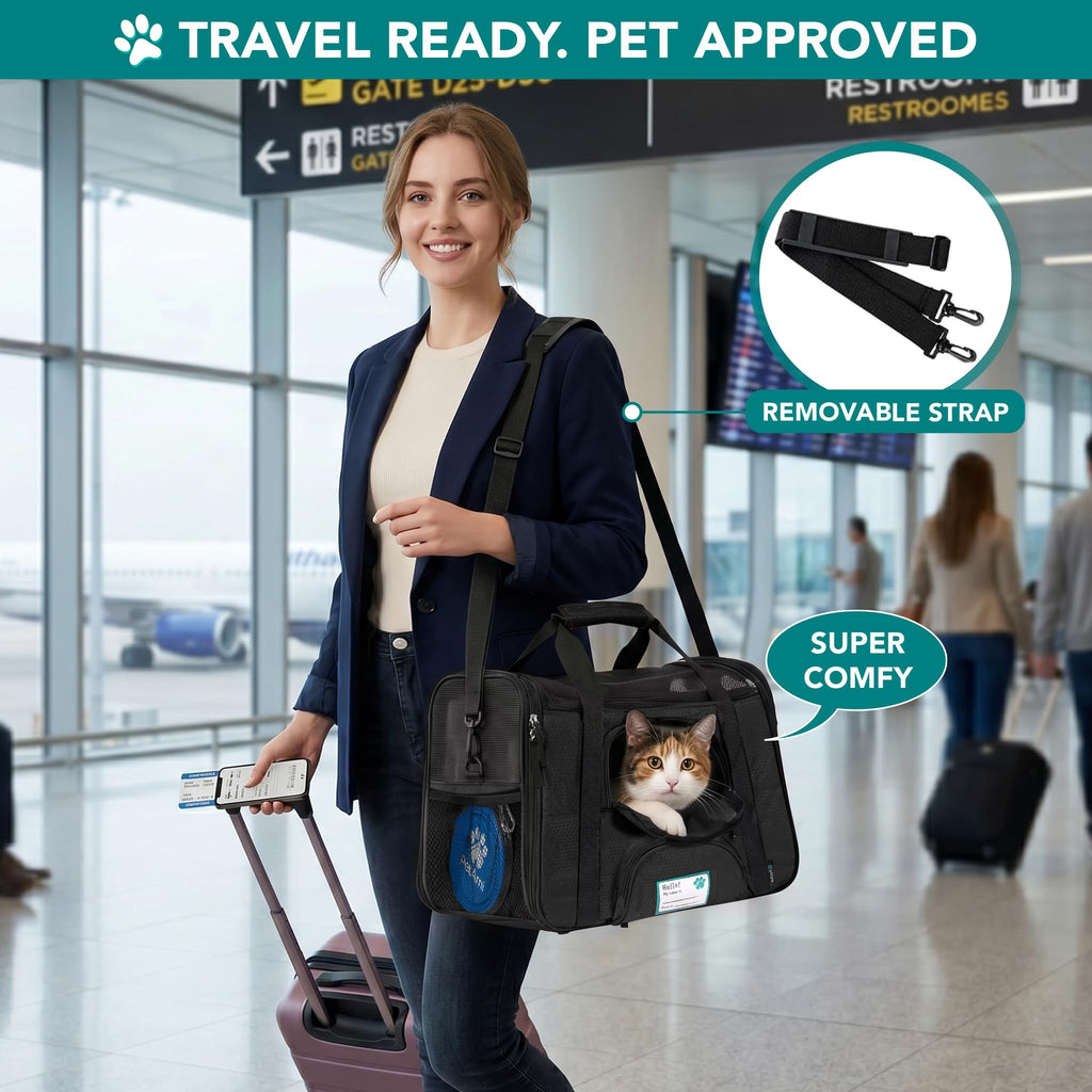 PetAmi Airline Approved Pet Carrier for Cats & Small Dogs, Soft Sided TSA Travel Carrier Bag with Sherpa Bed, Breathable Mesh Ventilation, Collapsible Bowl, Fits Under Seat, Up to 18 lbs, Small Black