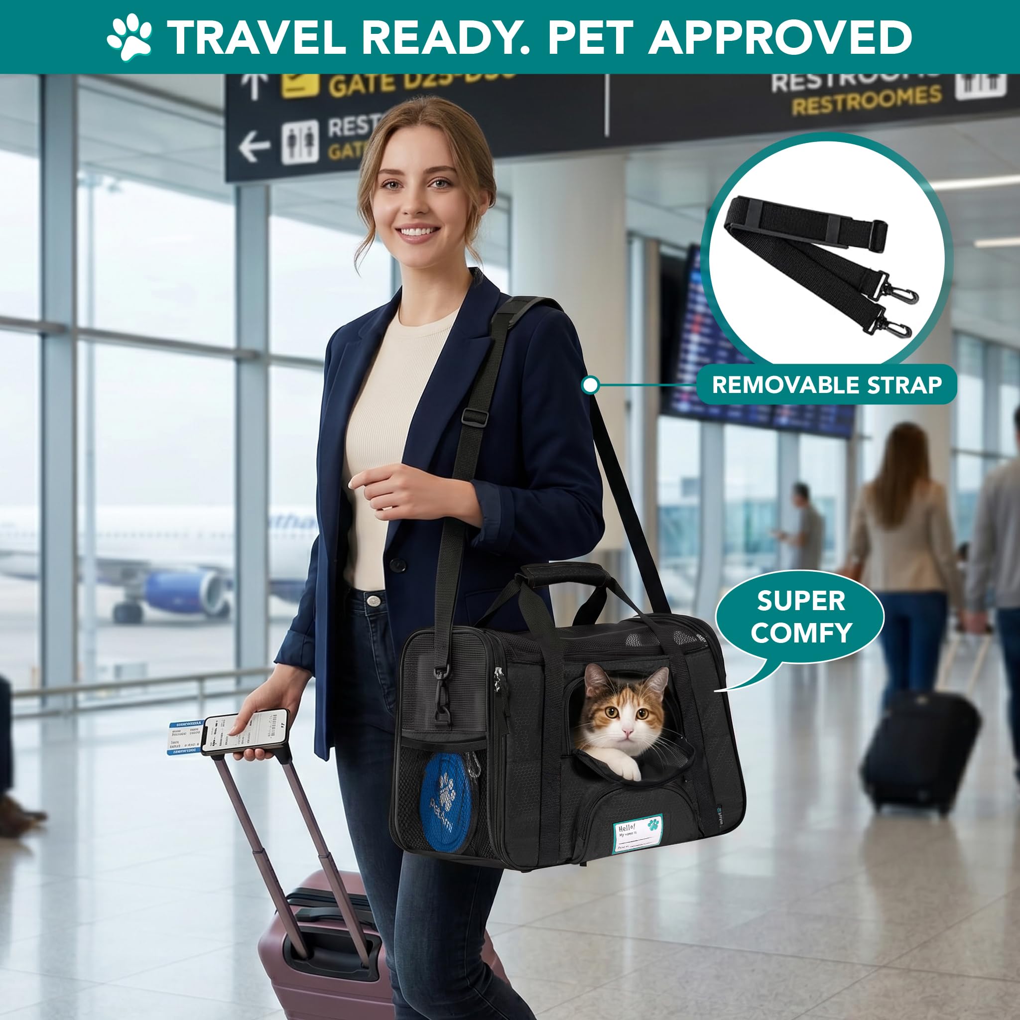 PetAmi Airline Approved Pet Carrier for Cats & Small Dogs, Soft Sided TSA Travel Carrier Bag with Sherpa Bed, Breathable Mesh Ventilation, Collapsible Bowl, Fits Under Seat, Up to 18 lbs, Small Black
