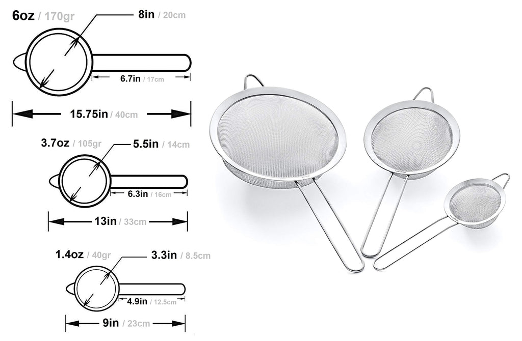 Strainer Set Fine Mesh – Premium 304 Stainless Steel (18/8) – 8″, 5.5″ and 3.3″ Sturdy Kitchen Strainers (Copper)