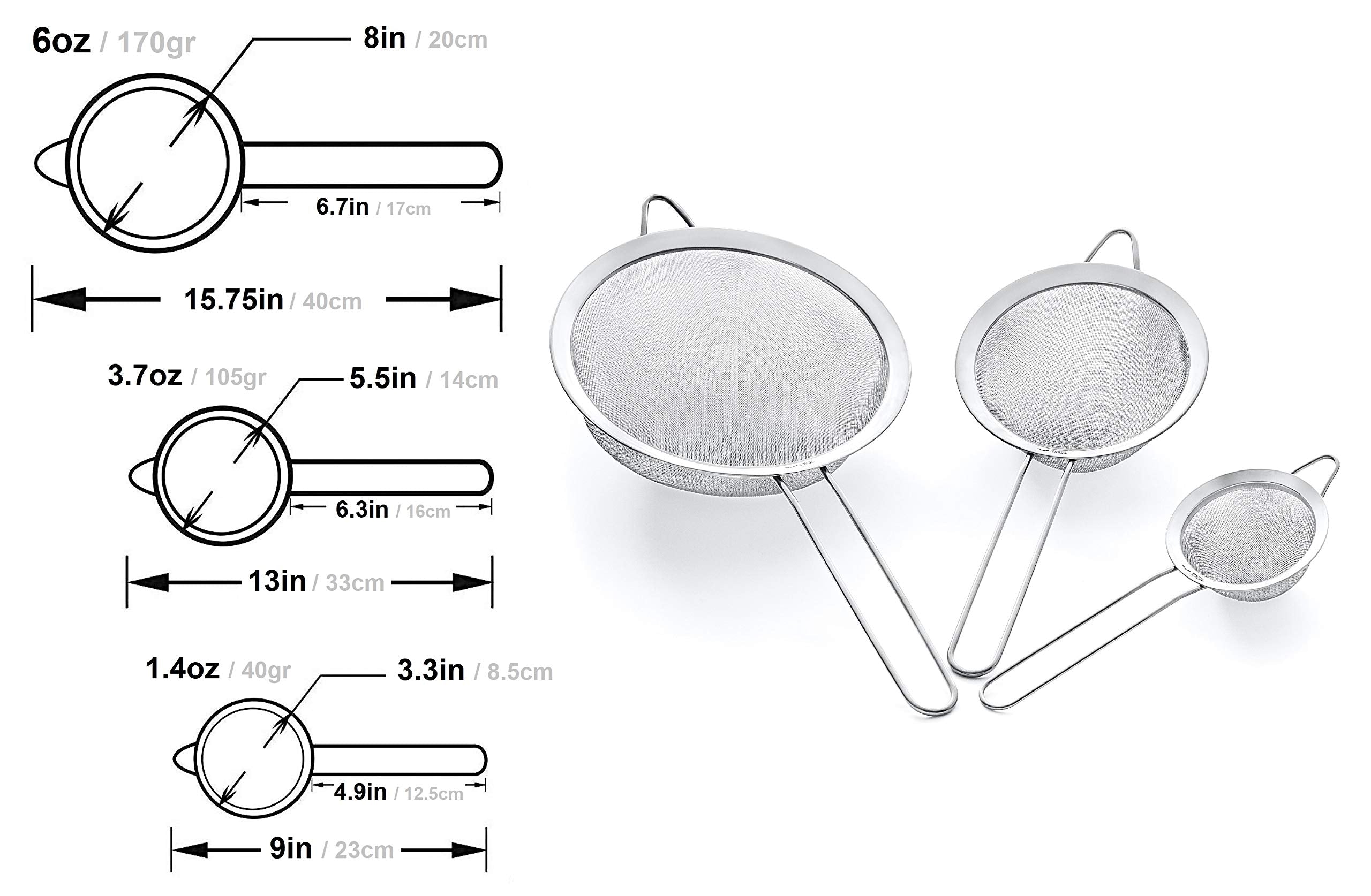 Strainer Set Fine Mesh – Premium 304 Stainless Steel (18/8) – 8″, 5.5″ and 3.3″ Sturdy Kitchen Strainers (Copper)