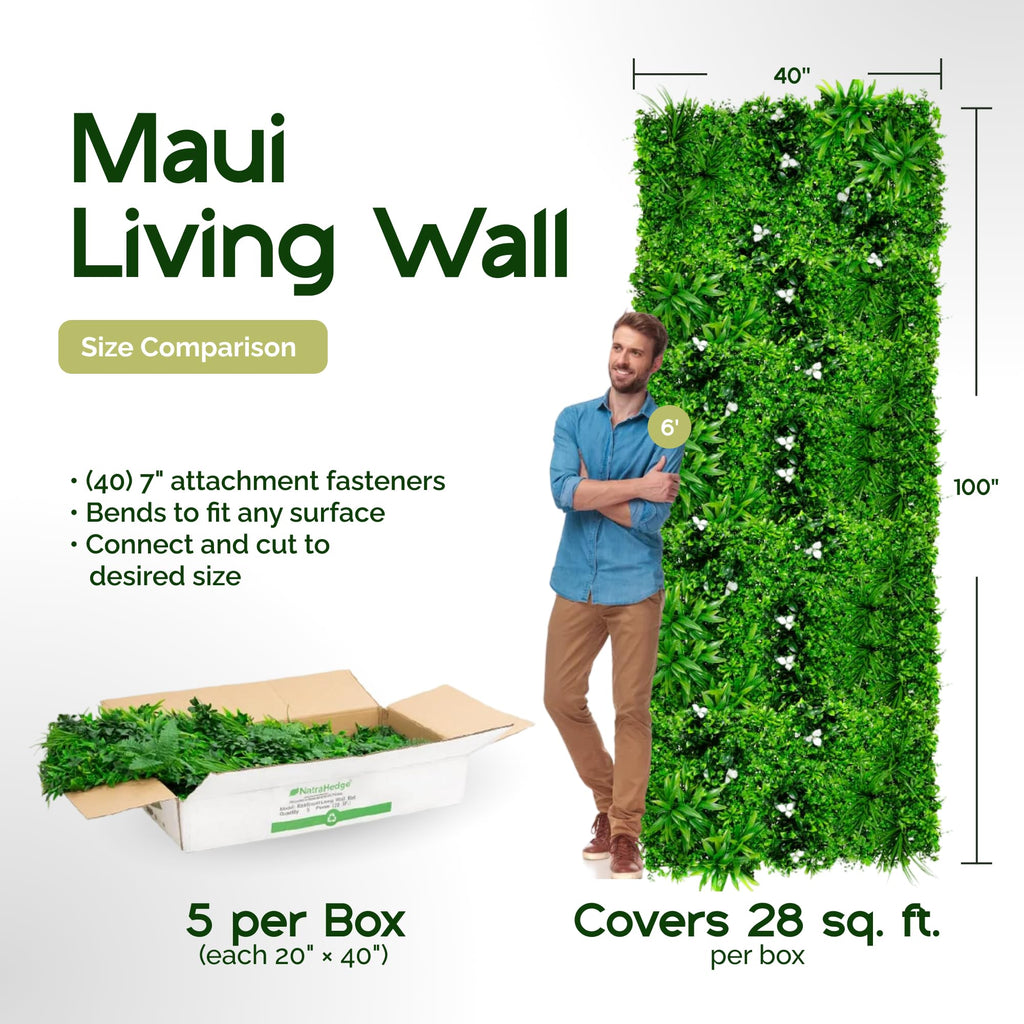 NatraHedge 20''X40'' Artificial Kauai Living Wall Grass Wall Decor, 5Pcs (28SqFt) Hedge Leaf Grass Panels for Indoor, Outdoor, Garden and Balcony Privacy Fence Screen