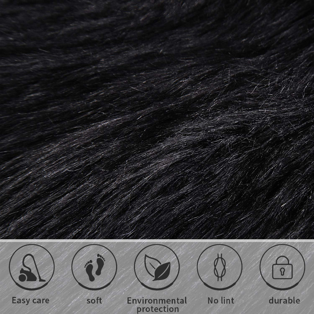 Softlife Black Faux Fur Sheepskin Chair Cover Seats Cushion Pad Super Soft Area Rugs for Living Bedroom Sofa Dorm (1.6ft x 1.6ft)