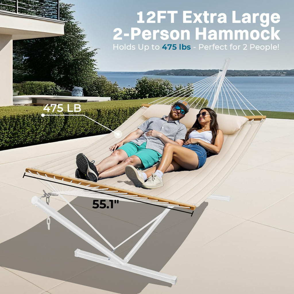 SUPERJARE Hammock with Stand, 2 Person Quilted Outdoor Hammock, Detachable Pillow & Bamboo Spreaders, Portable Hammock with Carrying Bag, Heavy Duty Stand, Perfect for Outside, Patio, Aqua Blue