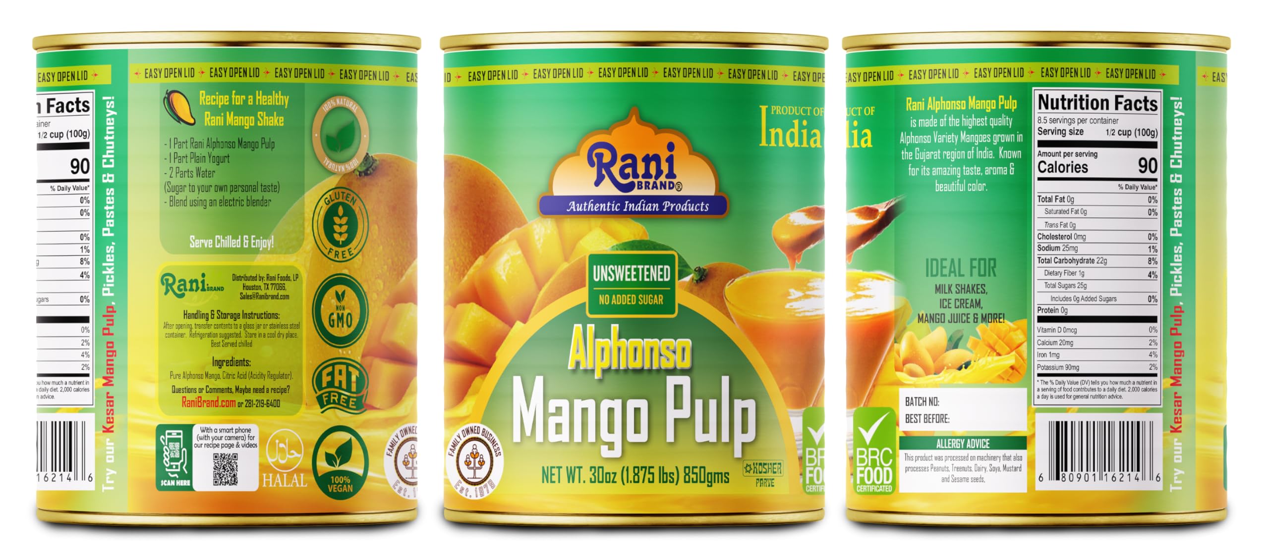 Rani Mango Pulp Puree (Makes Mango Lassi Shakes) Alphonso Sweetened 30oz (1.875lbs) 850g ~ Kosher | All Natural | NON-GMO | Vegan | No colors | Gluten Friendly | Indian Origin