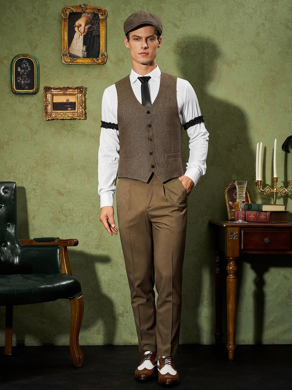 YESSA 1920s Mens Costume,Roaring 20s Costumes for Men,Gatsby Costume Men,1920s Mens Outfit Hat Vest Pocket Watch Tie
