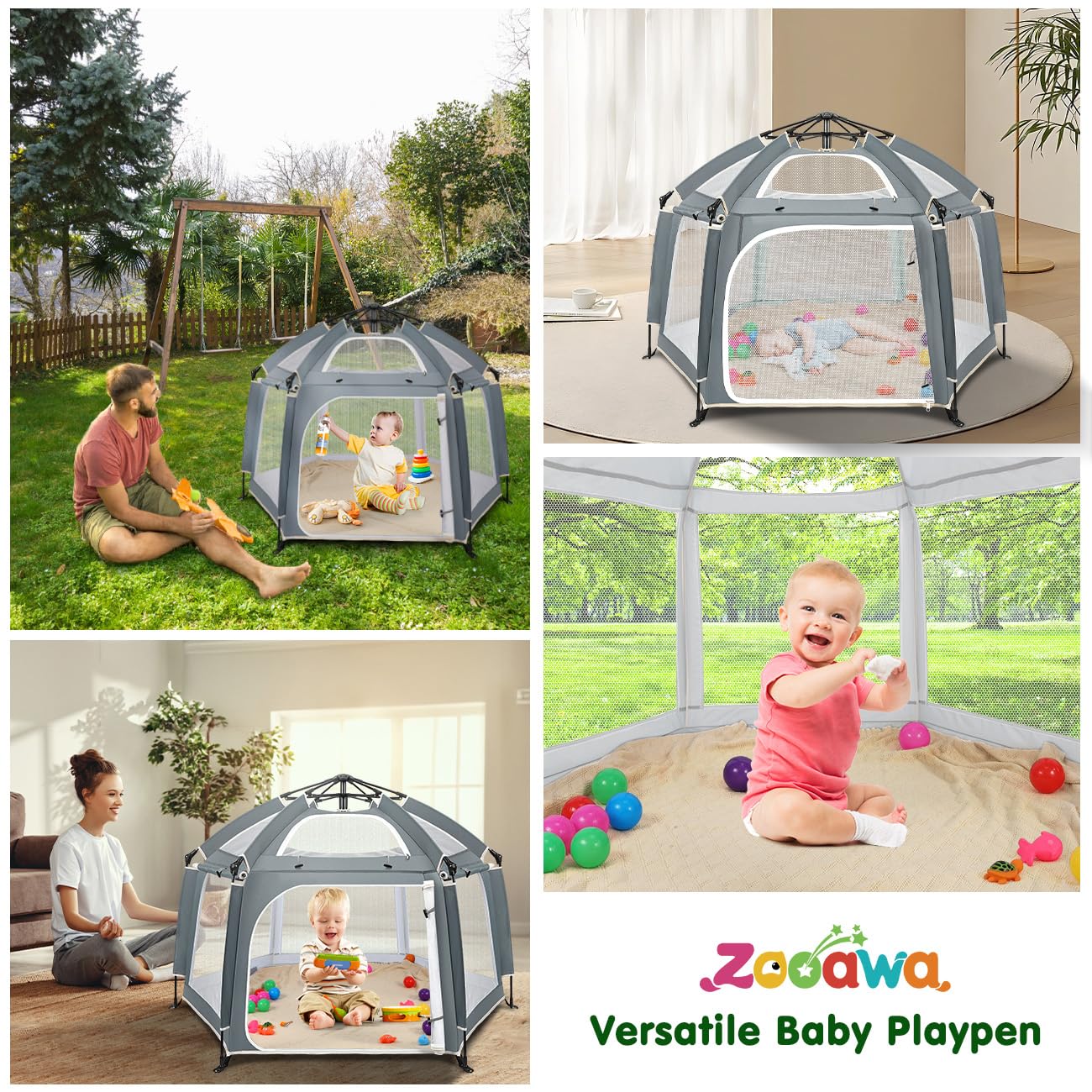 Pop Up Playpen for Baby, Portable Playpen for Babies and Toddlers with Removable Sun-Shades& 2 Side UV Covers, Lightweight Outdoor Baby Play-Pen for Beach Home with Travel Bag, Beige