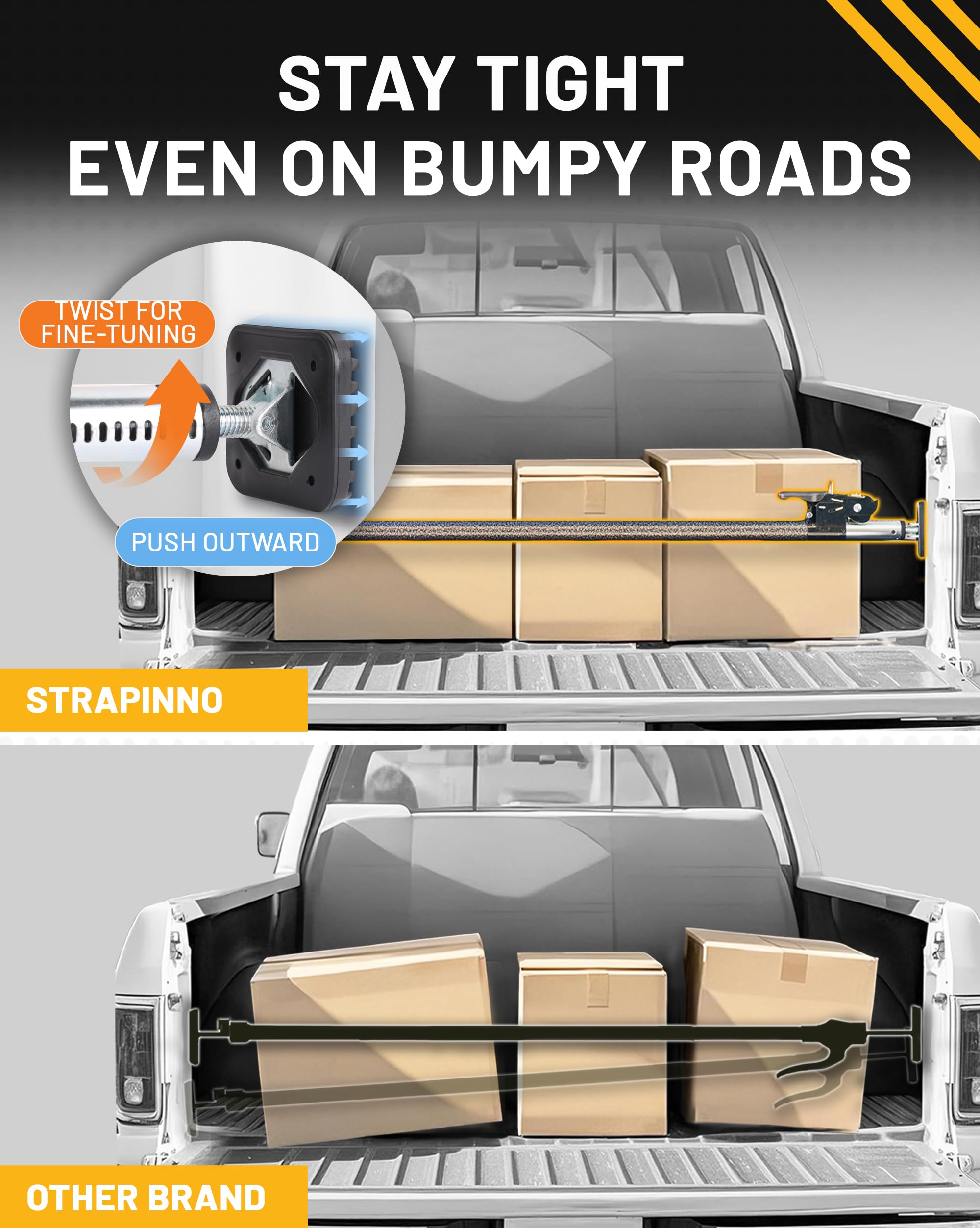 Strapinno - Ratcheting Cargo Bar 44"-74", Non-Slip Truck Bed Divider, Easy Setup, Strong 1.25" Tube, Adjustable Stabilizer for Pickup Trucks