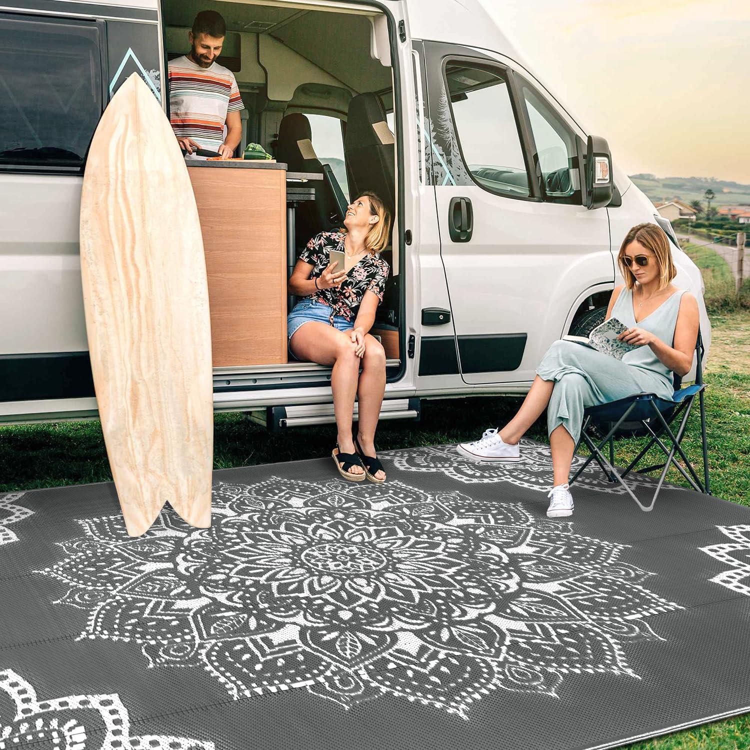 Yamaziot Waterproof Outdoor Rug 5x8 ft, Reversible Plastic Straw Rug for Patio Clearance, Camping, RV Mat, Outside Rug Carpet for Porch, Deck, Backyard, Balcony, Picnic,Black Brown