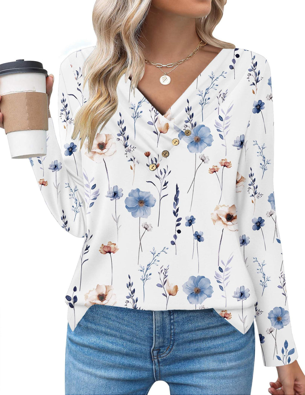 Zeagoo Women's Casual Tunic Tops Long Sleeve Shirts for Leggings V Neck Button Fall Pullover Blouse Loose Sweatshirts