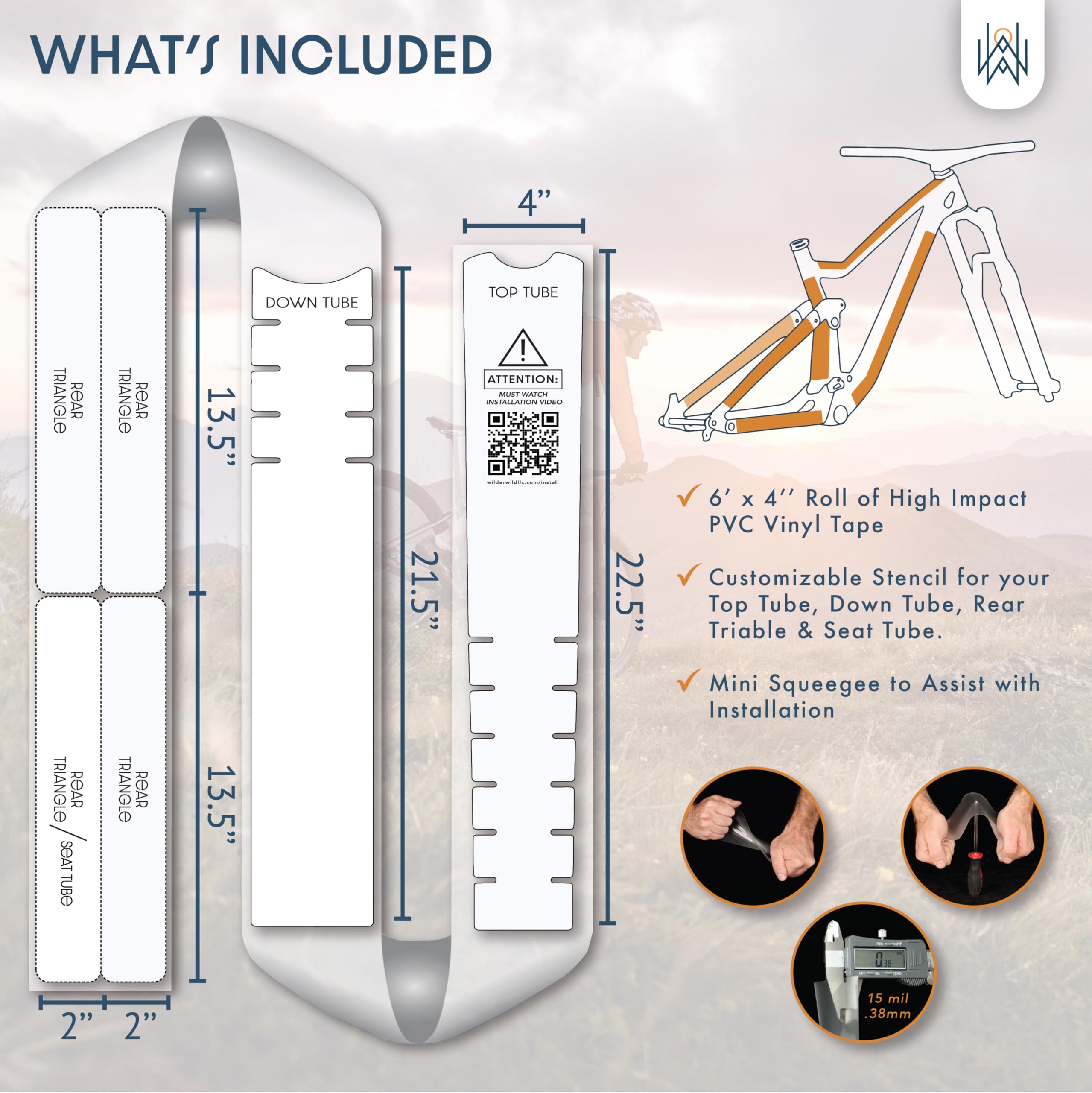 Bike Frame Protection Tape- High Impact Clear Vinyl Wrap Includes Tool (4”x72) Bicycle Frame Protector, Mountain Bike Frame Guard Chainstay Protector (Art Deco)