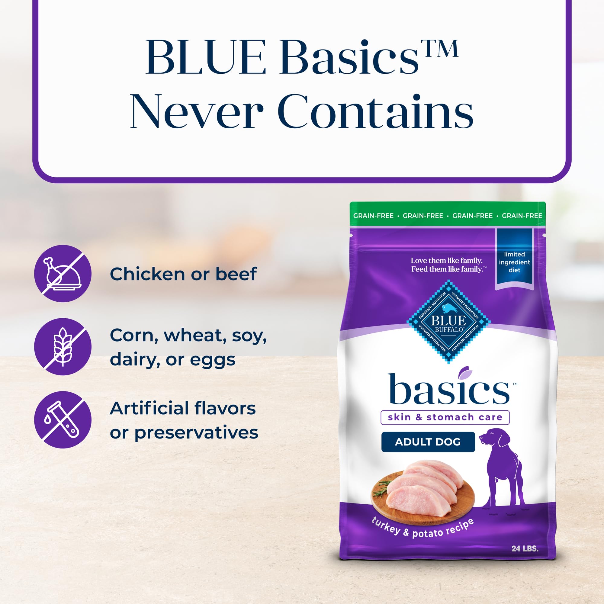 Blue Buffalo Basics Grain-Free Adult Dry Dog Food, Skin & Stomach Care, Limited Ingredient Diet for Dogs, Turkey Recipe, 24-lb. Bag