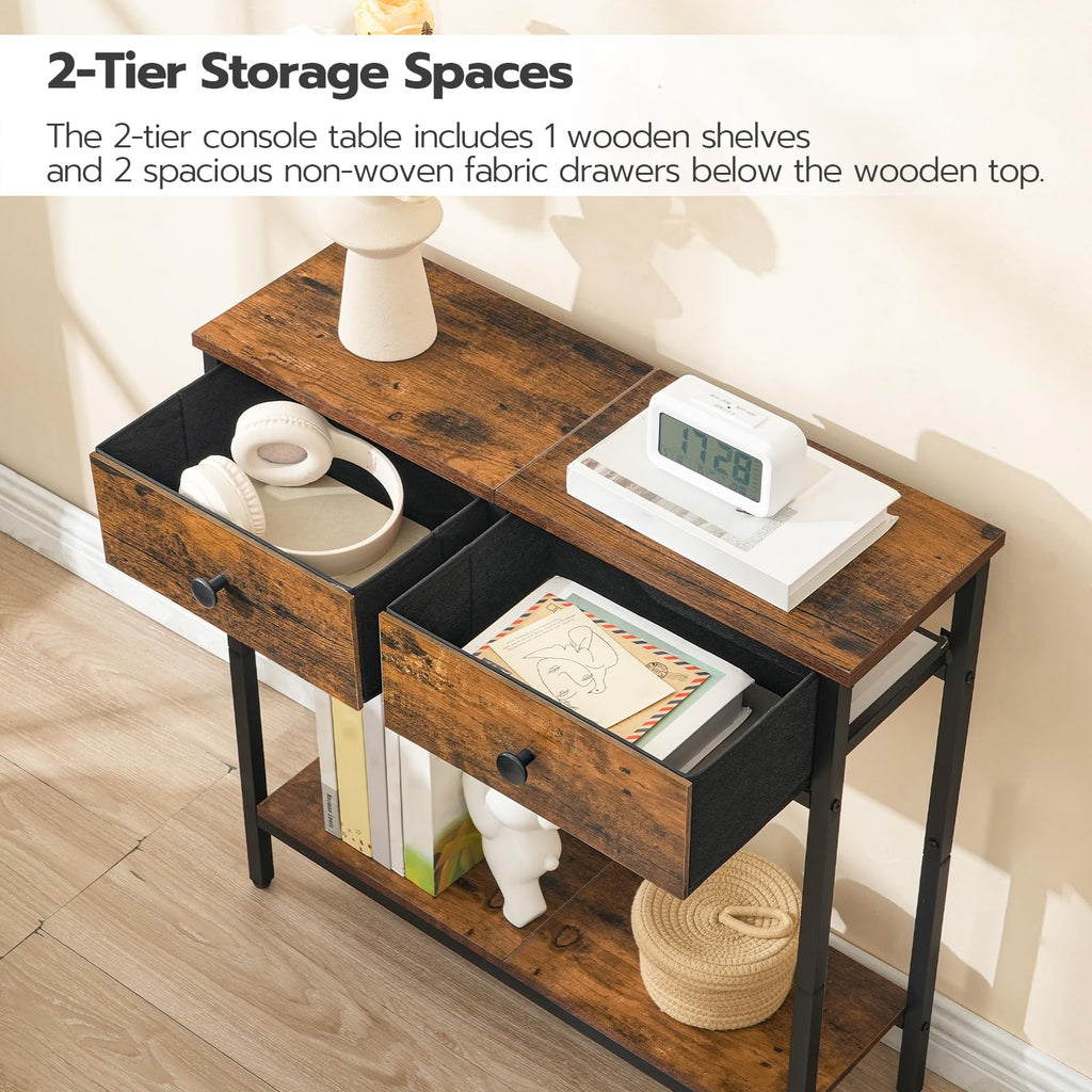 HOOBRO 29.5" Narrow Console Table with 2 Fabric Drawers, Small Entryway Table with 2-Tier Storage Shelves, Sofa Table, Behind Couch Table, for Living Room, Hallway, Black BB71XG01