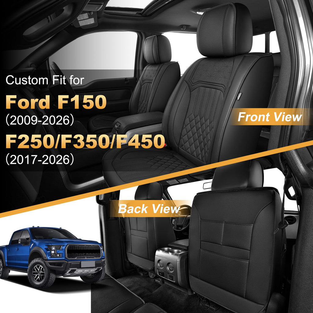 AOMSAZTO Seat Covers Fit for Ford F150 : 2009-2024 2025 2026 - F250/F350/F450 2017-2024 2025 2026 Truck Pick-up Front Car Seat Covers Faux Leather(Blackline, 2PCS Front)