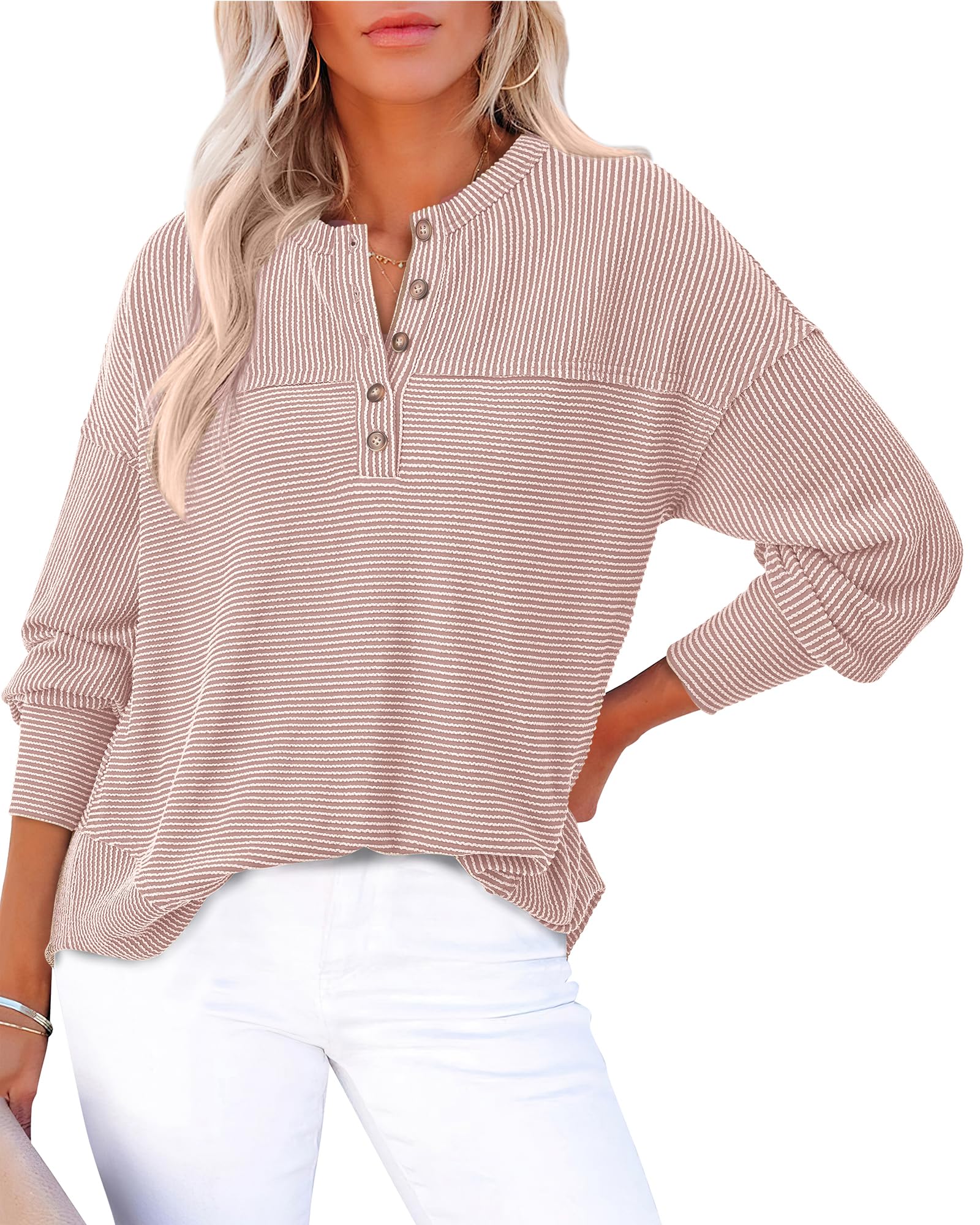 KIRUNDO Going Out Tops for Women Henley Shirts 2025 Casual Ribbed Knit Long Sleeve Tunic Summer Fall Button V Neck Blouse