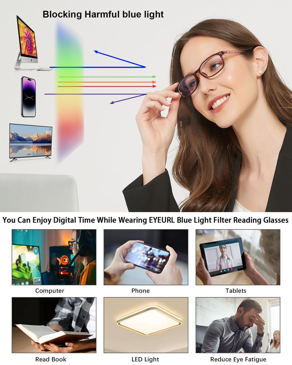 EYEURL Reading Glasses for Women Men Blue Light Blocking, 0.00 Anti Eye Strain Computer Readers, TR90 Ultra Lightweight Rectangle Frame Eyeglasses