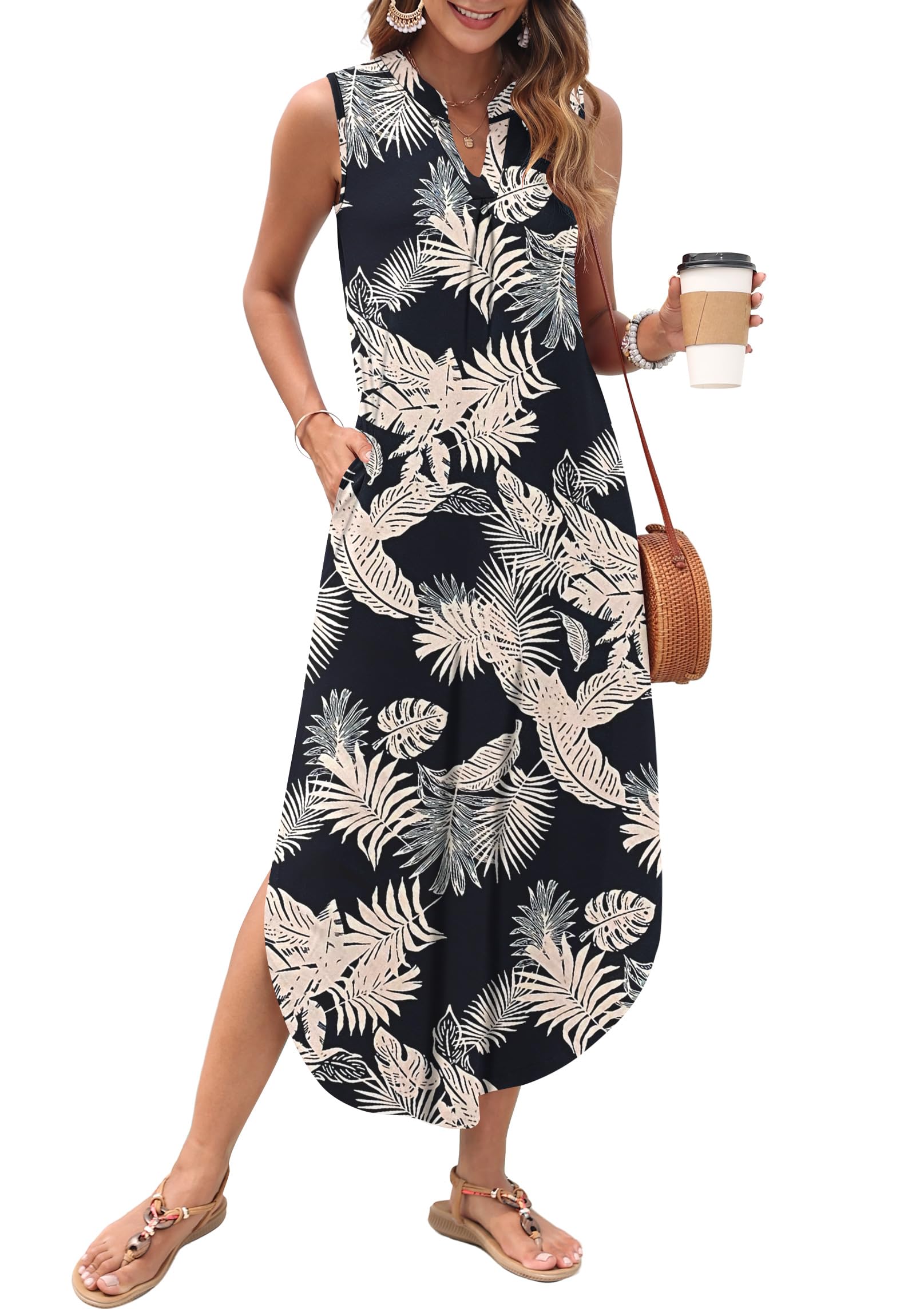 AUSELILY Womens Summer Casual Maxi Dresses 2026 Sleeveless Long Beach Dresses V Neck Loose Sundresses with Side Split Pockets