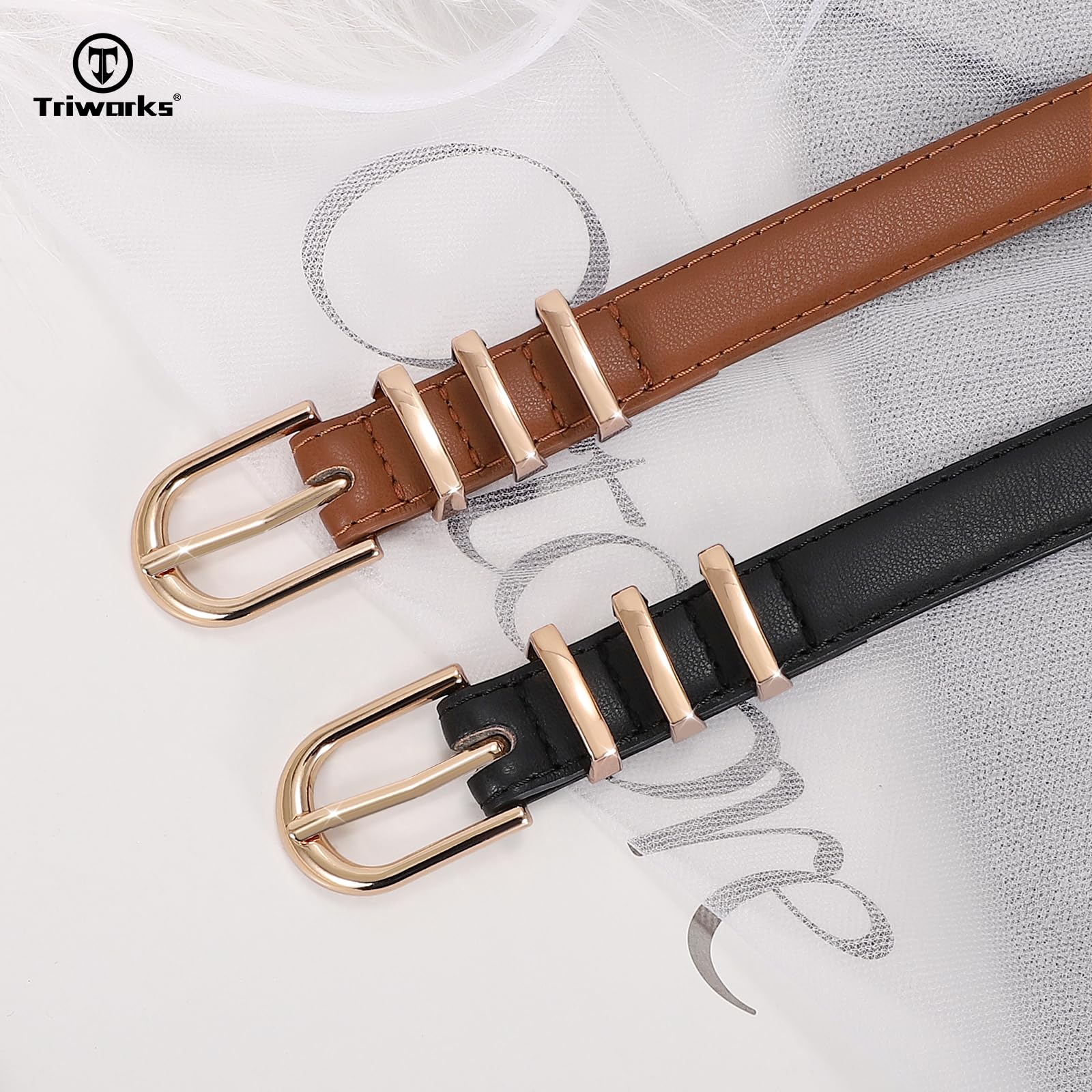 TRIWORKS 2 Pack Women Skinny Leather Belts for Jeans Pants Thin Faux Leather Belt with Gold Buckle