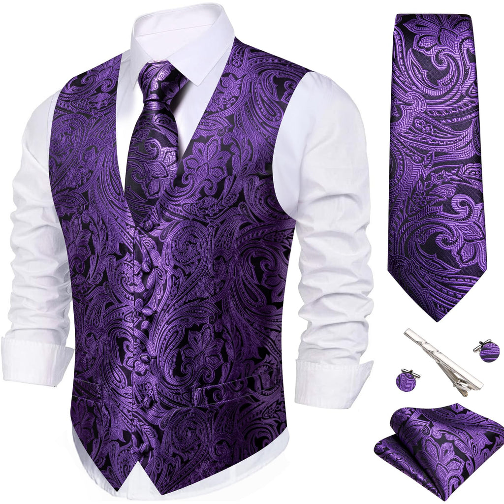 Barry.Wang Men's Suit Vest Formal/Leisure Paisley Jacquard Silk Tie Pocket Square Waistcoat Set Wedding 5PCS