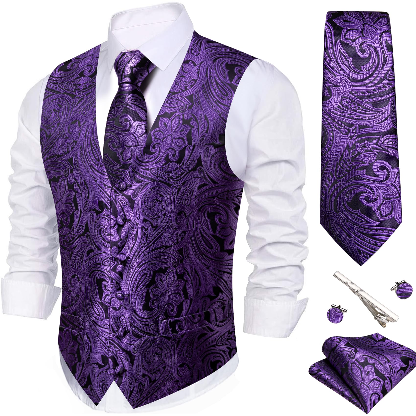 Barry.Wang Men's Suit Vest Formal/Leisure Paisley Jacquard Silk Tie Pocket Square Waistcoat Set Wedding 5PCS