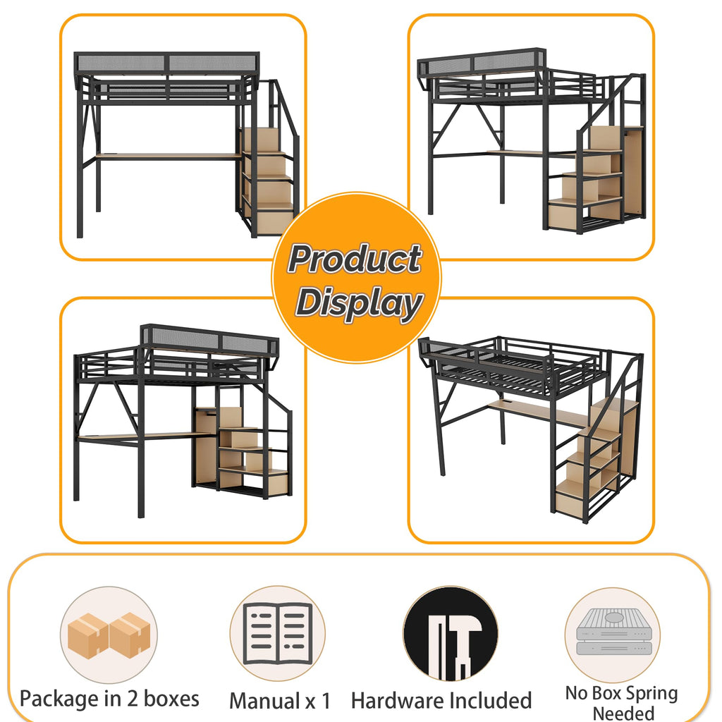 Mirightone Full Size Loft Bed with Stairs, Metal Loft Beds, High Loft Bed Frame with Storage Shelves, Lofted Full Bed with Wardrobe for Kids and Teens, No Box Spring Needed (Black)