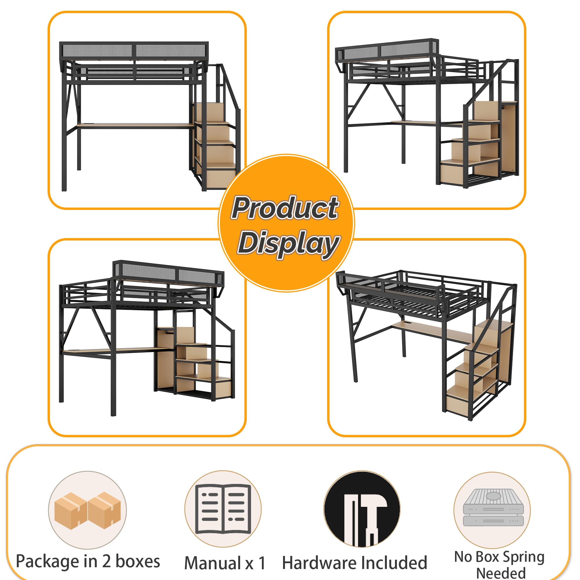 Mirightone Full Size Loft Bed with Stairs, Metal Loft Beds, High Loft Bed Frame with Storage Shelves, Lofted Full Bed with Wardrobe for Kids and Teens, No Box Spring Needed (Black)